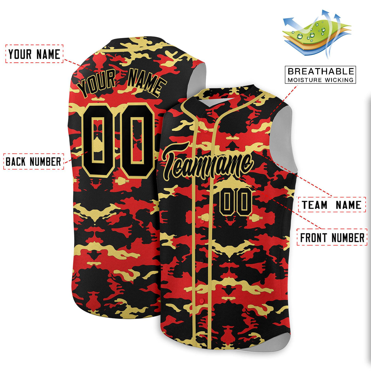 Custom Black Red and Old Gold Camo Fashion Authentic Sleeveless Baseball Jersey