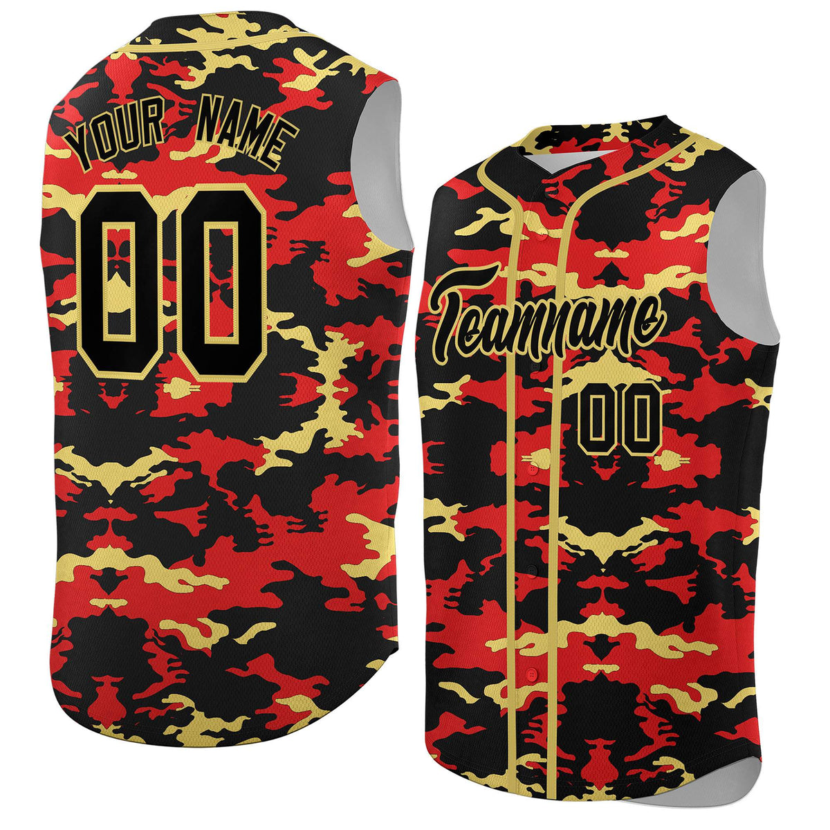 Custom Black Red and Old Gold Camo Fashion Authentic Sleeveless Baseball Jersey