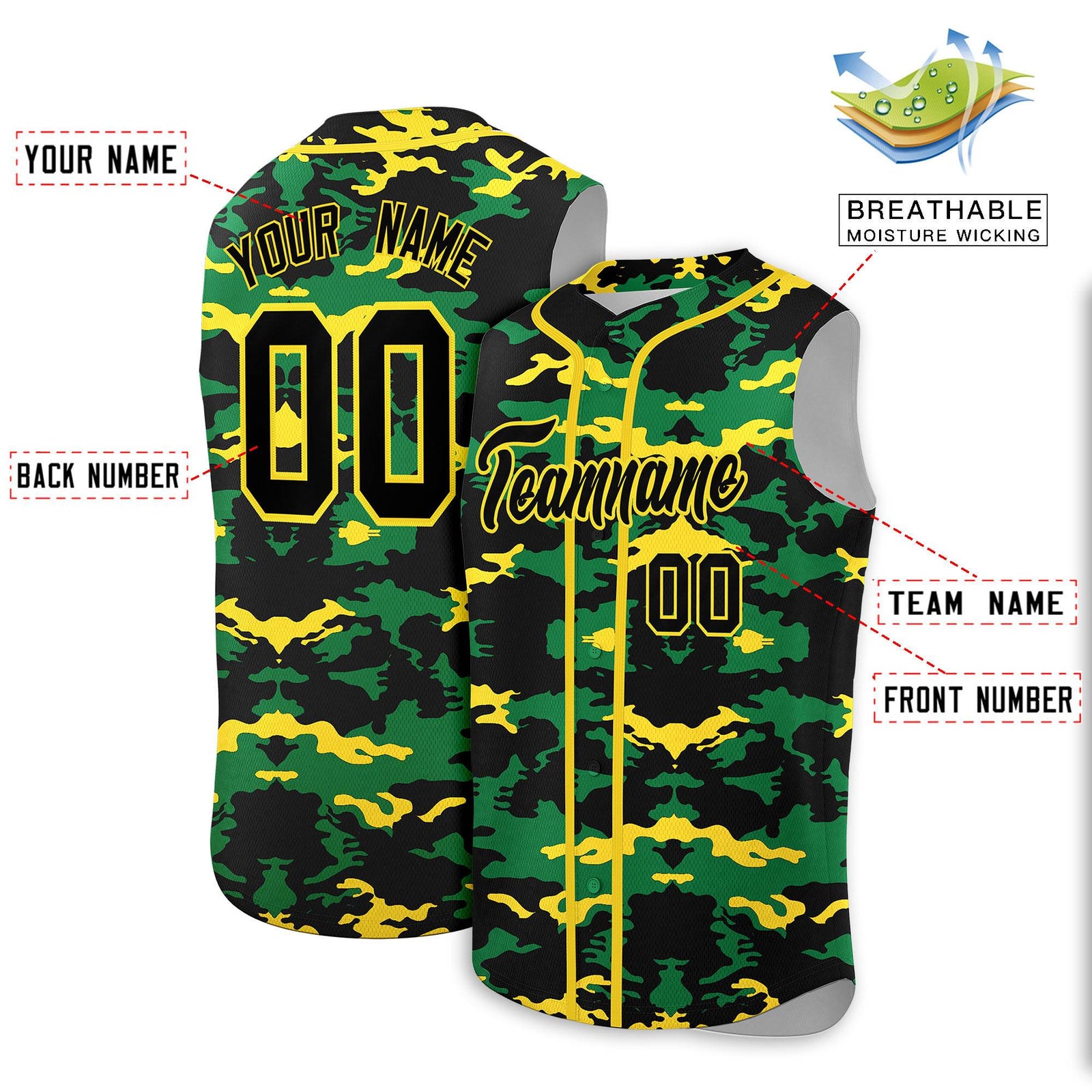 Custom Black Kelly Green and Gold Camo Fashion Authentic Sleeveless Baseball Jersey