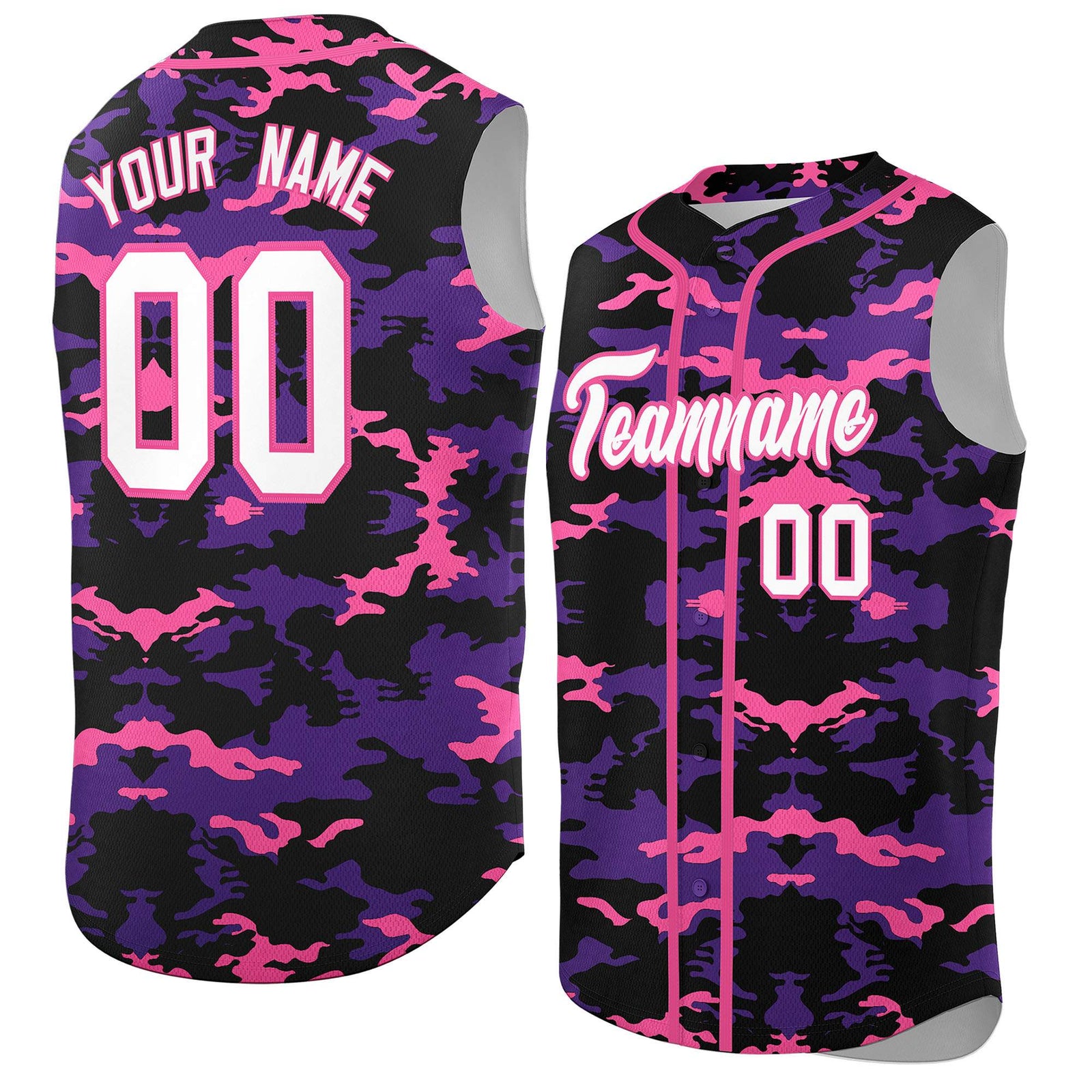 Custom Black Purple and Pink Camo Fashion Authentic Sleeveless Baseball Jersey