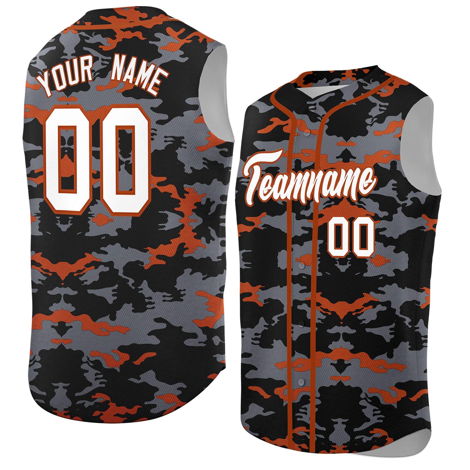 Custom Black Gray and Texas Orange Camo Fashion Authentic Sleeveless Baseball Jersey