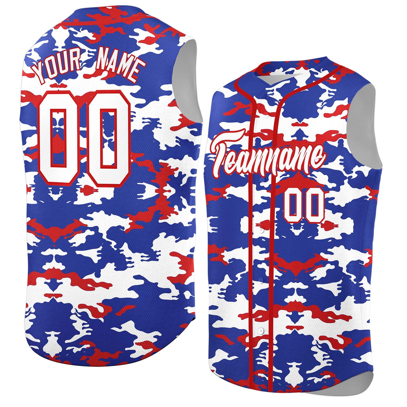 Custom Royal White and Red Camo Fashion Authentic Sleeveless Baseball Jersey