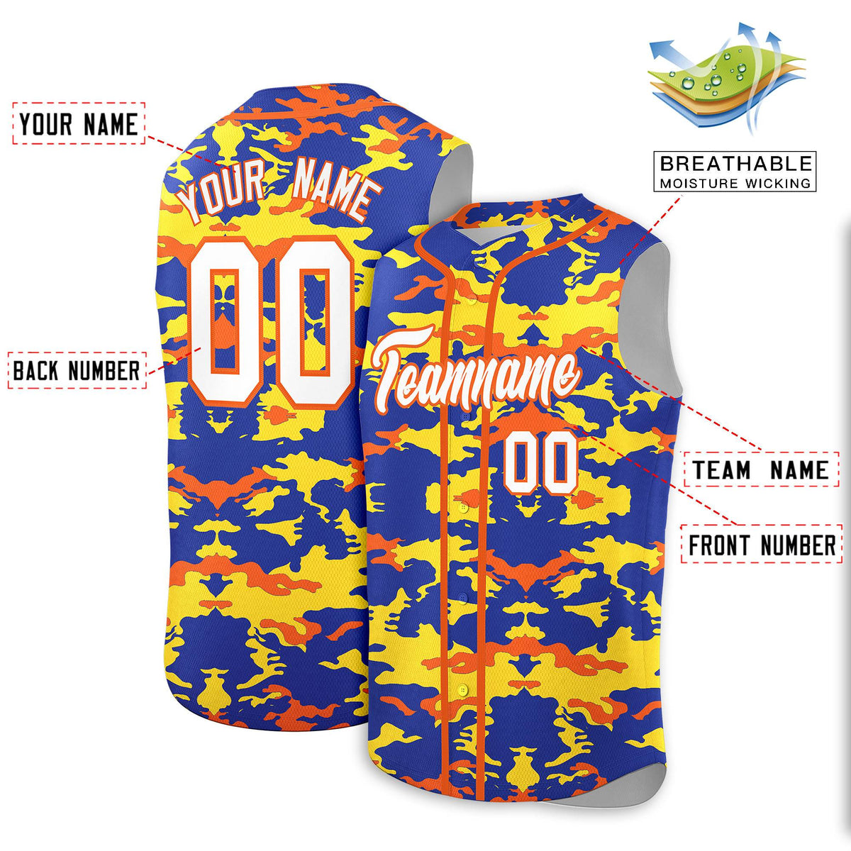 Custom Royal Gold and Orange Camo Fashion Authentic Sleeveless Baseball Jersey