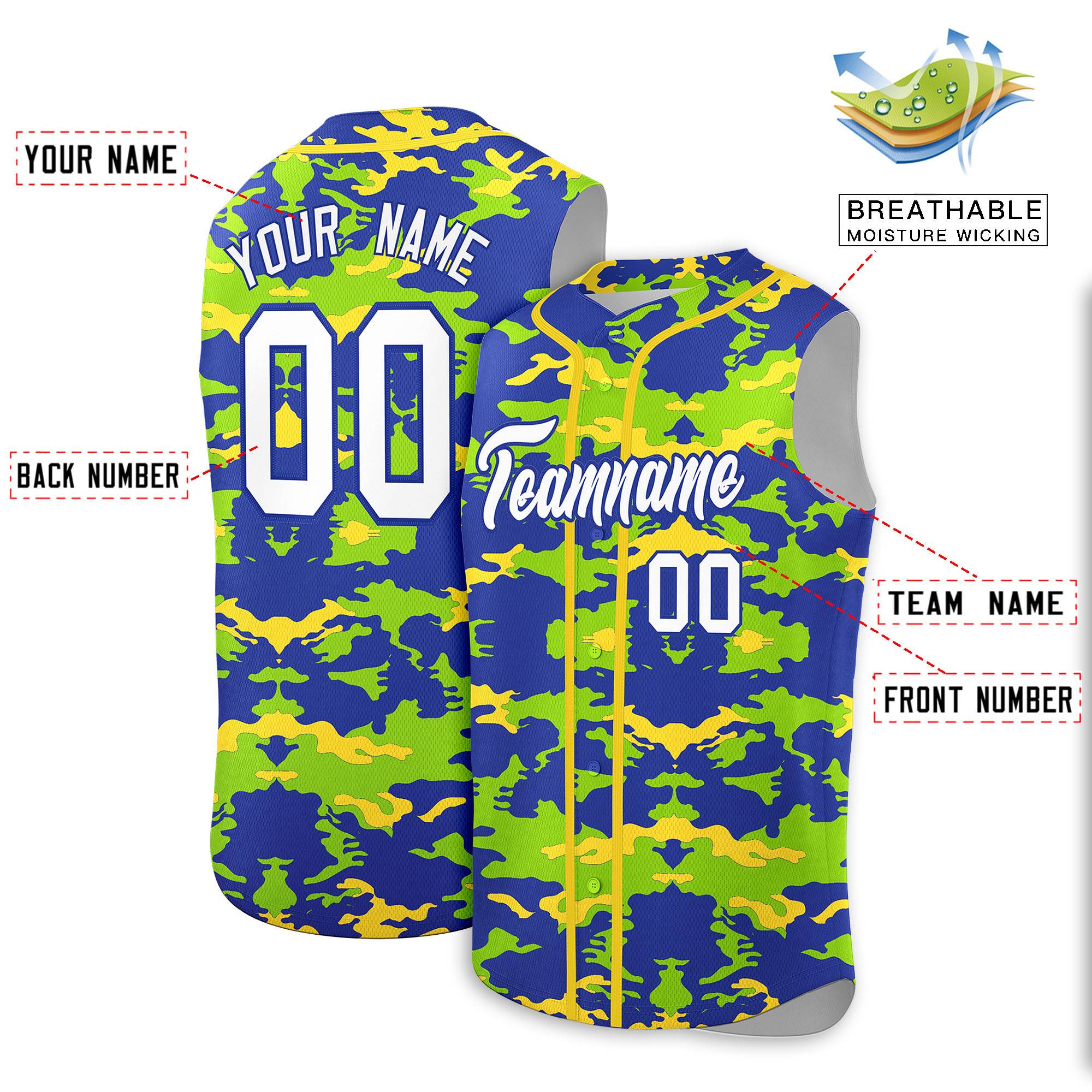 Custom Royal Neon Green and Gold Camo Fashion Authentic Sleeveless Baseball Jersey