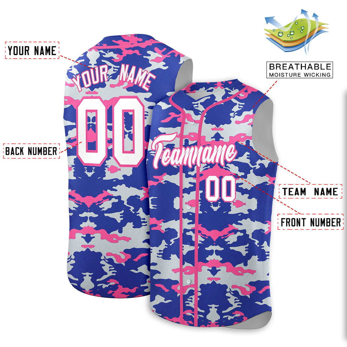 Custom Royal Silver and Pink Camo Fashion Authentic Sleeveless Baseball Jersey