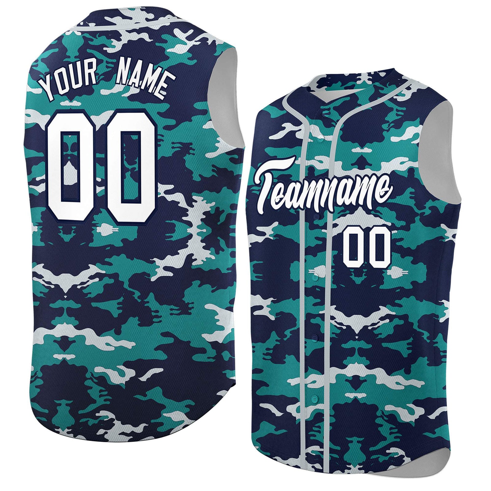 Custom Navy Aqua and Silver Camo Fashion Authentic Sleeveless Baseball Jersey