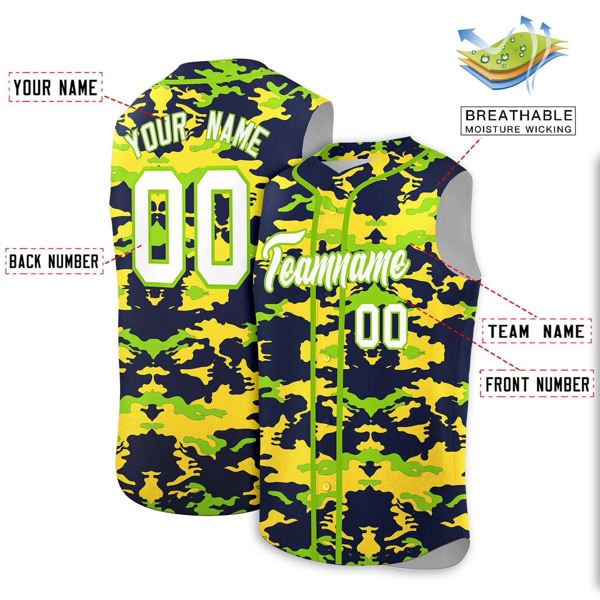 Custom Navy Gold and Neon Green Camo Fashion Authentic Sleeveless Baseball Jersey