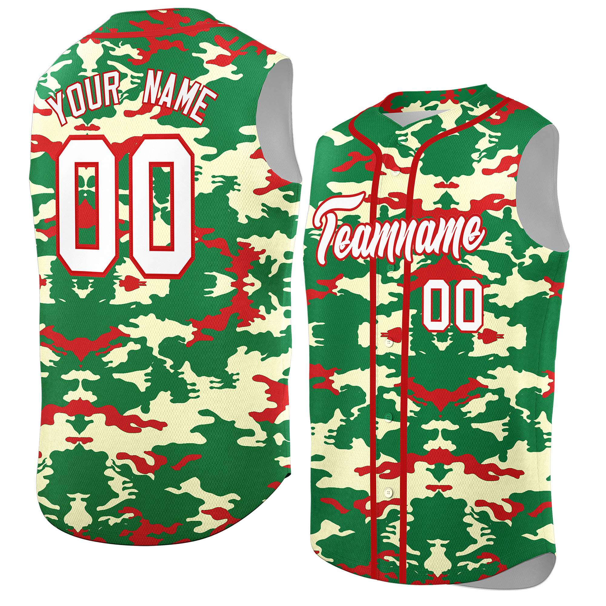 Custom Kelly Green Red Camo Fashion Authentic Sleeveless Baseball Jersey