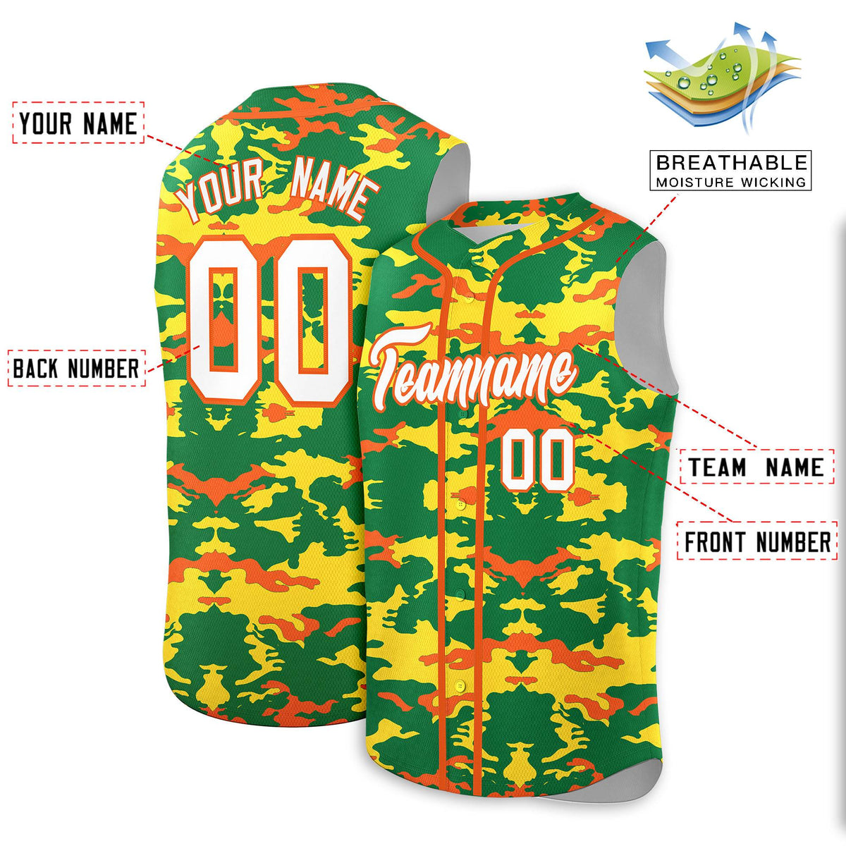 Custom Kelly Green Gold and Orange Camo Fashion Authentic Sleeveless Baseball Jersey