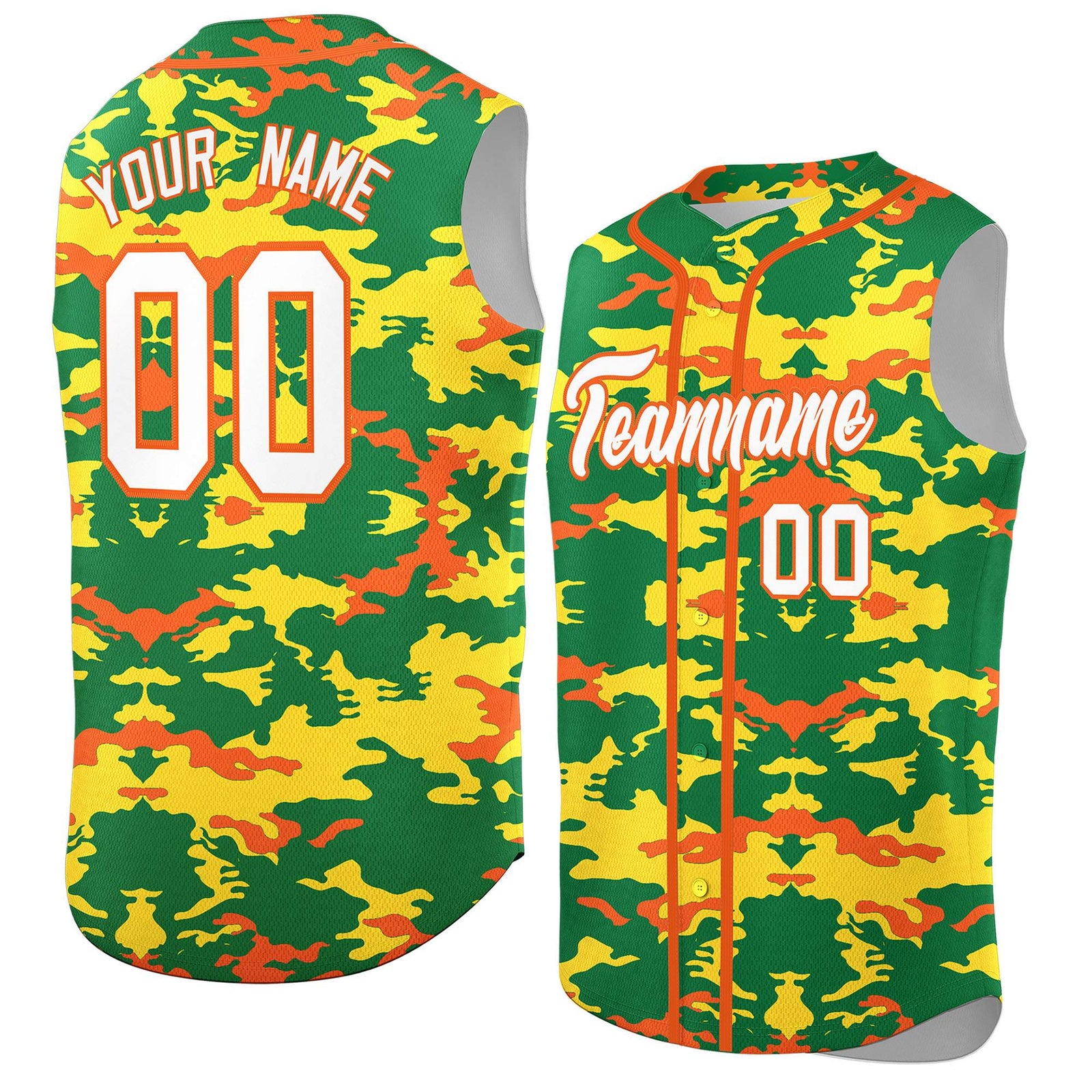 Custom Kelly Green Gold and Orange Camo Fashion Authentic Sleeveless Baseball Jersey