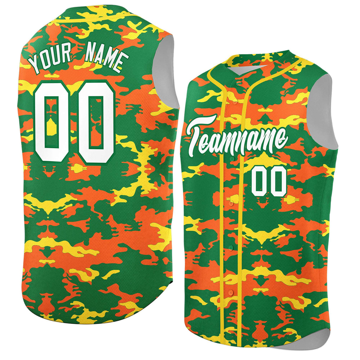 Custom Kelly Green Orange and Gold Camo Fashion Authentic Sleeveless Baseball Jersey