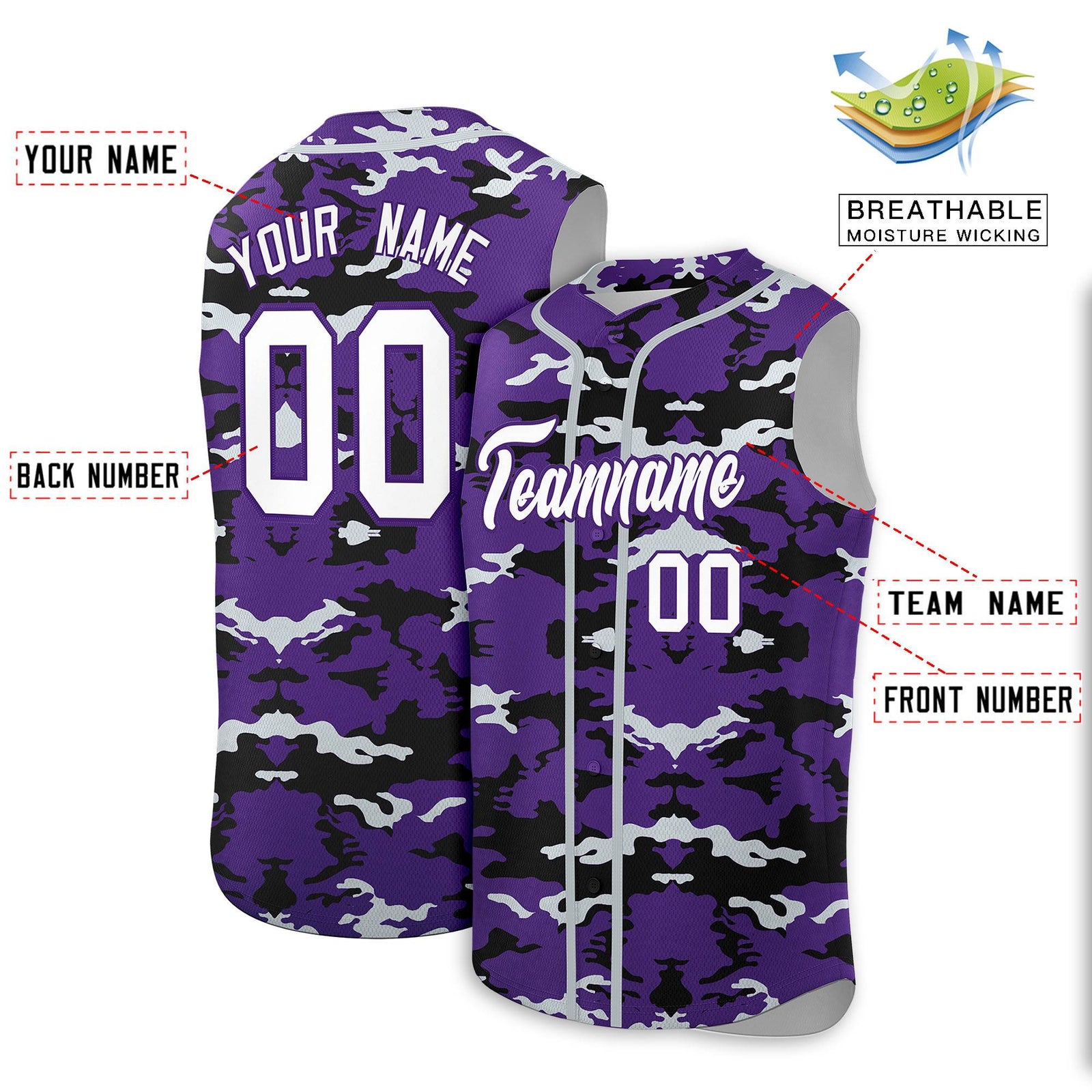 Custom Purple Black and Silver Camo Fashion Authentic Sleeveless Baseball Jersey