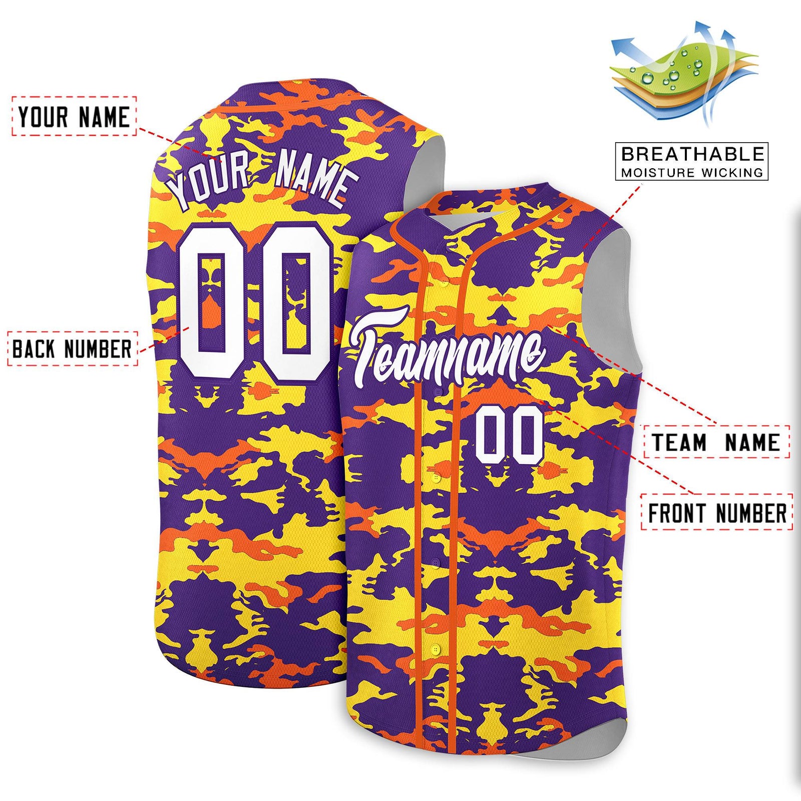 Custom Purple Gold and Orange Camo Fashion Authentic Sleeveless Baseball Jersey