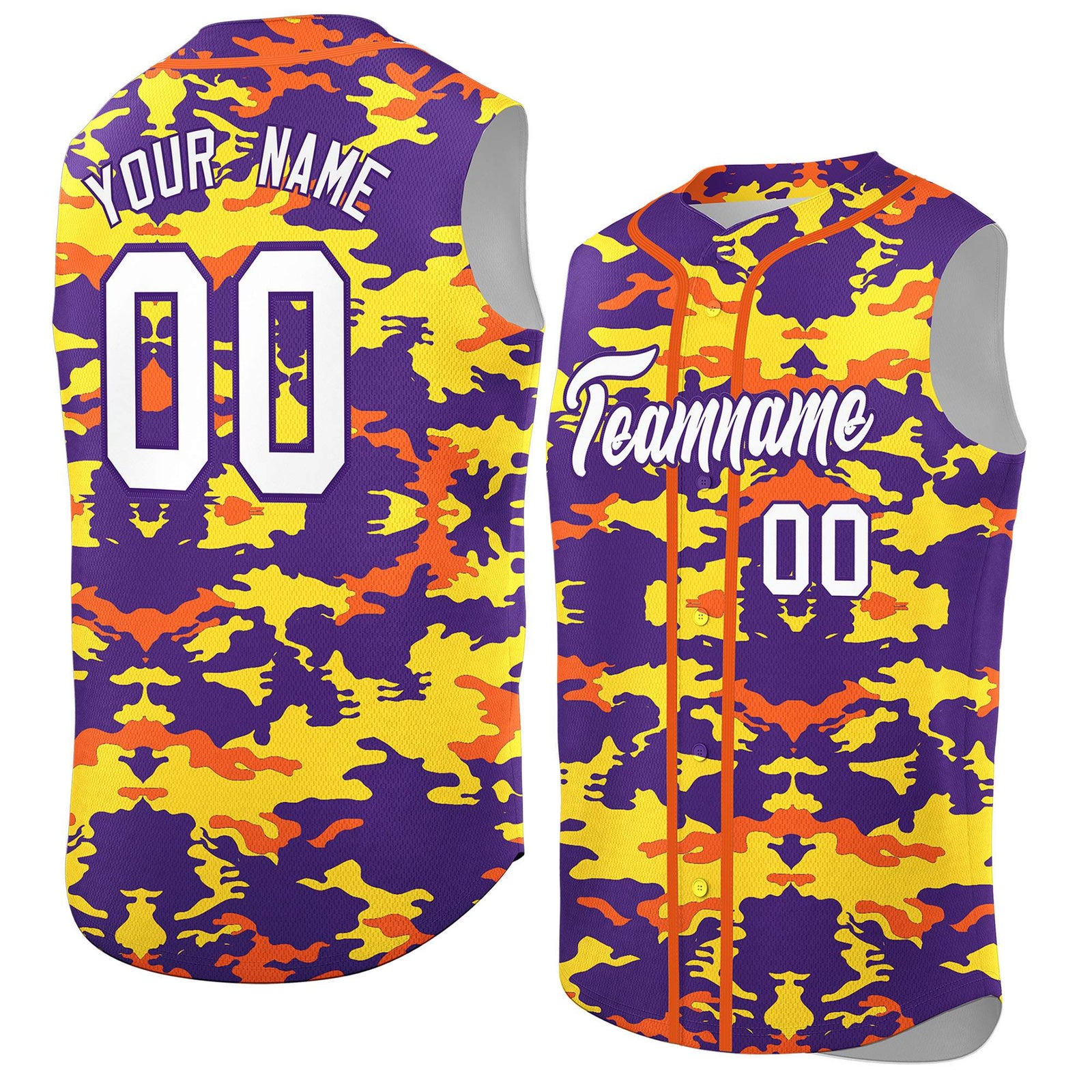 Custom Purple Gold and Orange Camo Fashion Authentic Sleeveless Baseball Jersey