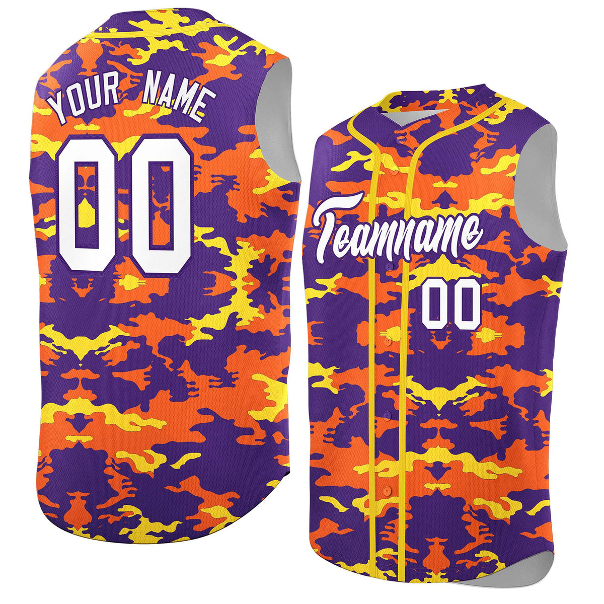 Custom Purple Orange and Gold Camo Fashion Authentic Sleeveless Baseball Jersey