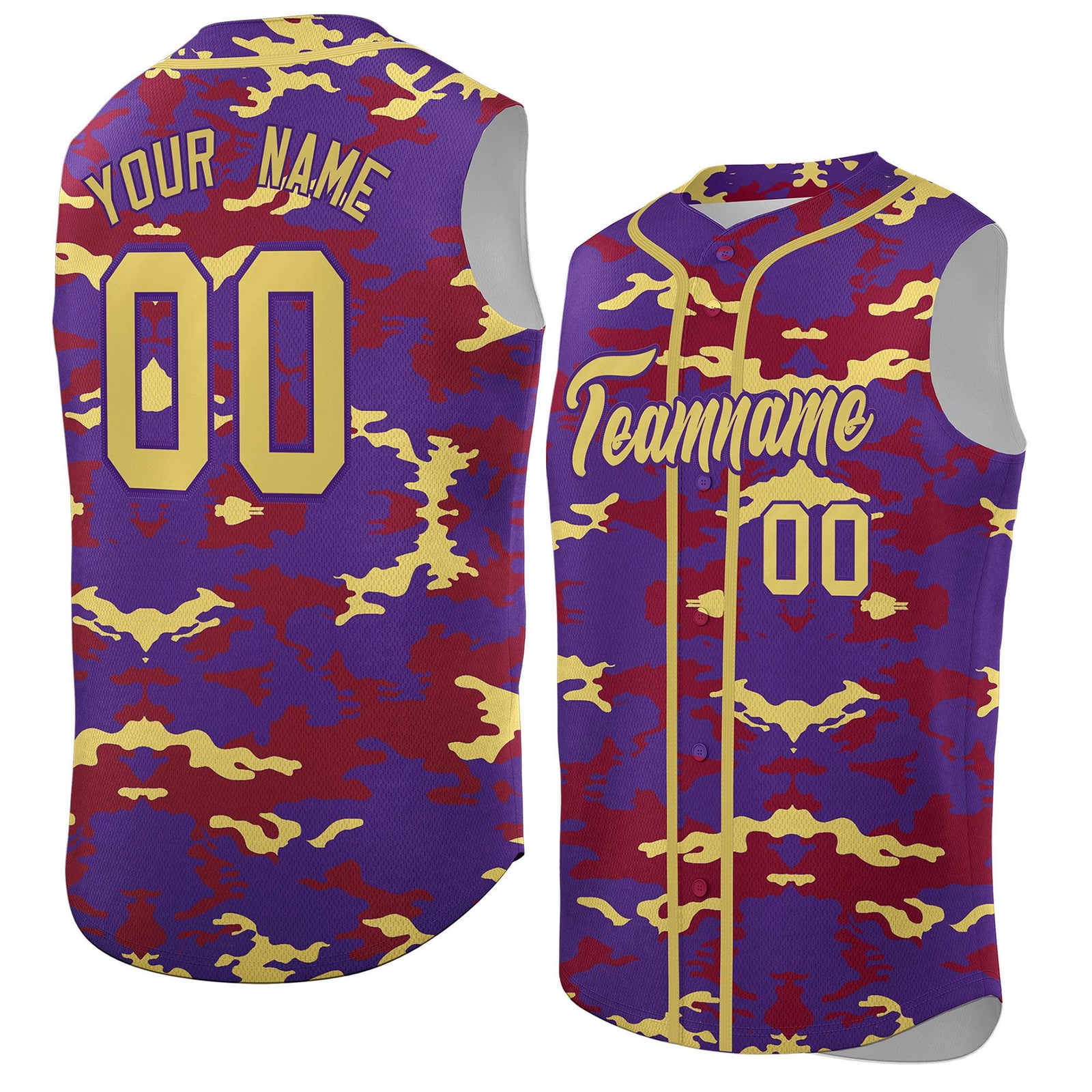 Custom Purple Crimson and Old Gold Camo Fashion Authentic Sleeveless Baseball Jersey