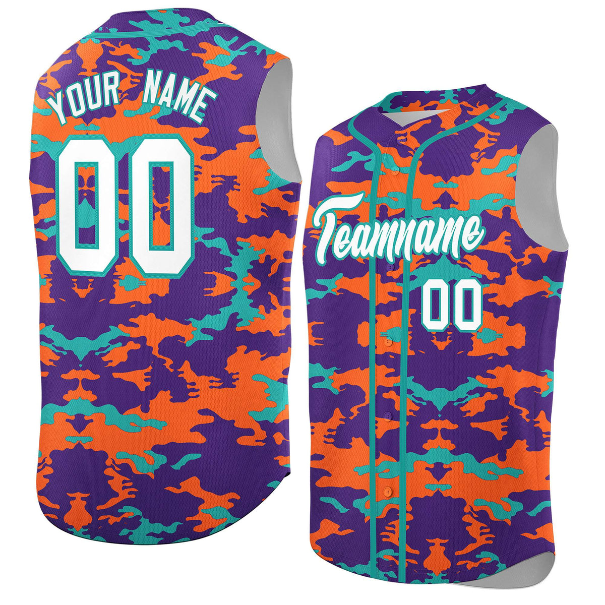 Custom Purple Orange and Aqua Camo Fashion Authentic Sleeveless Baseball Jersey