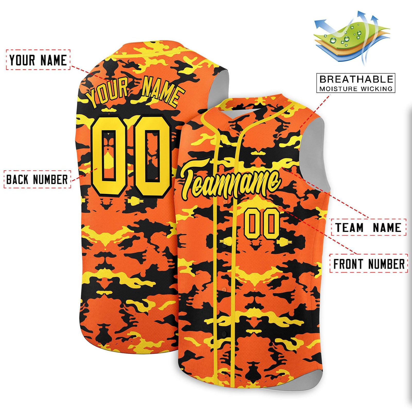 Custom Orange Black and Gold Camo Fashion Authentic Sleeveless Baseball Jersey