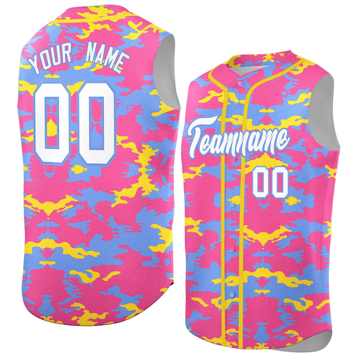 Custom Pink Powder Blue and Gold Camo Fashion Authentic Sleeveless Baseball Jersey