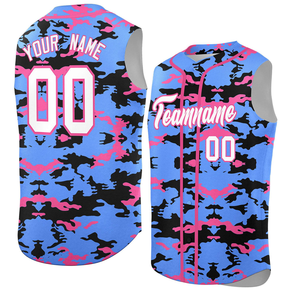 Custom Powder Blue Black and Pink Camo Fashion Authentic Sleeveless Baseball Jersey