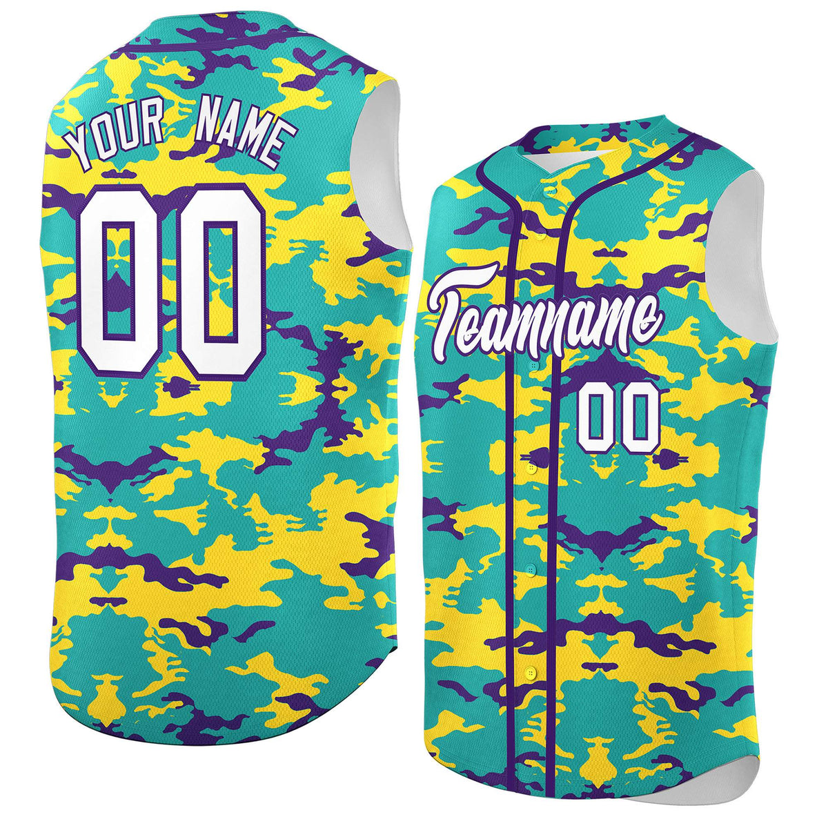 Custom Bright Green Gold and Purple Camo Fashion Authentic Sleeveless Baseball Jersey