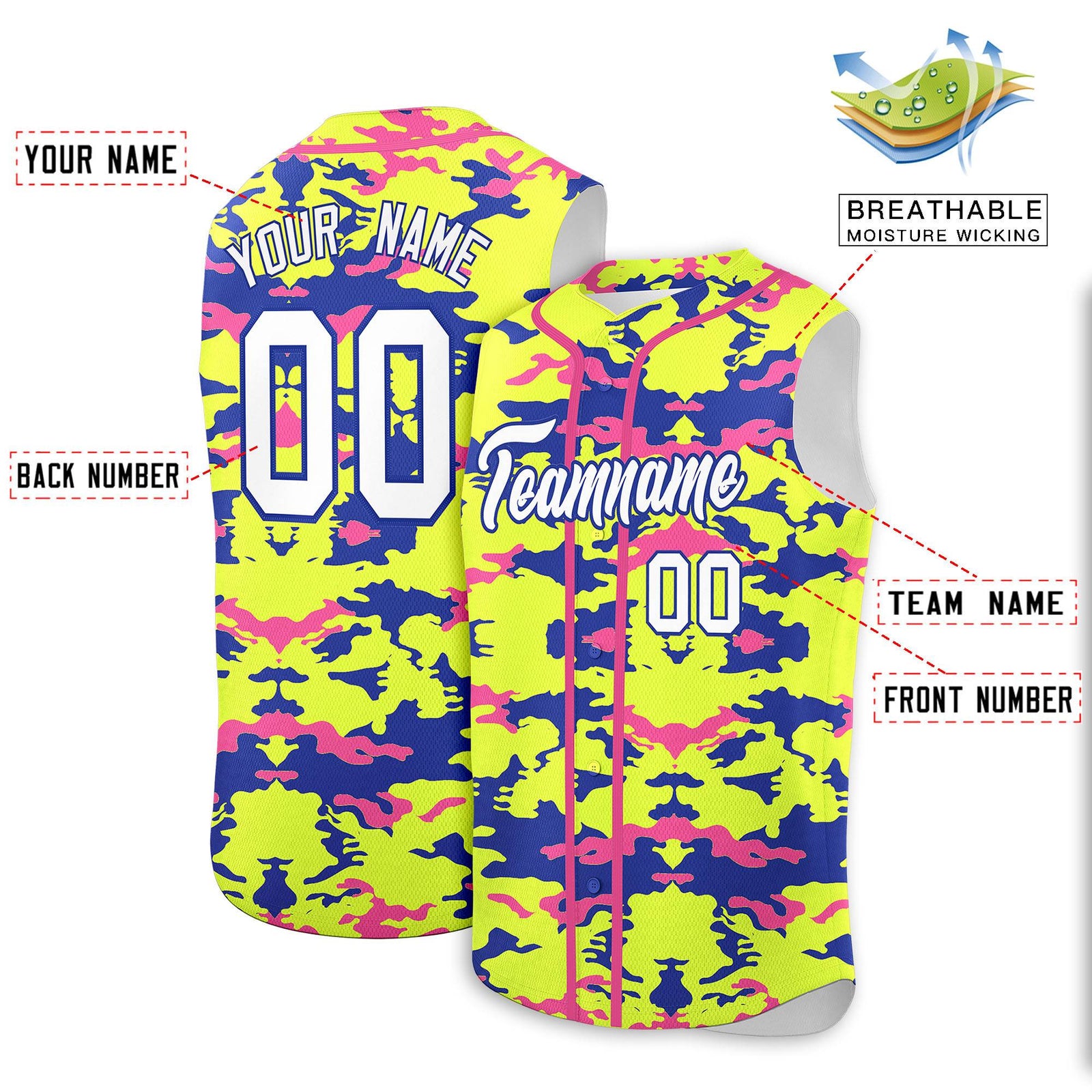 Custom Fluorescent Green Royal and Pink Camo Fashion Authentic Sleeveless Baseball Jersey