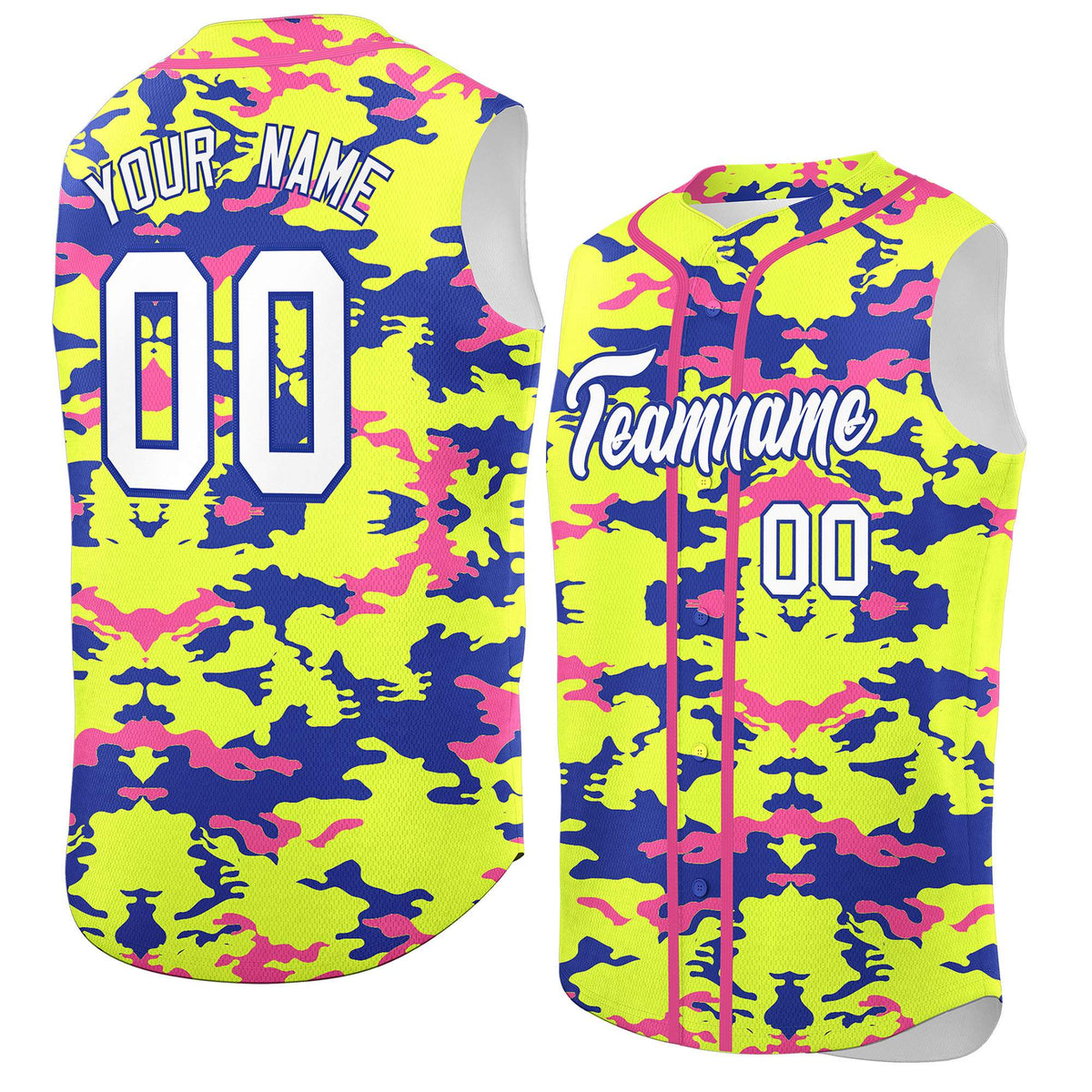 Custom Fluorescent Green Royal and Pink Camo Fashion Authentic Sleeveless Baseball Jersey