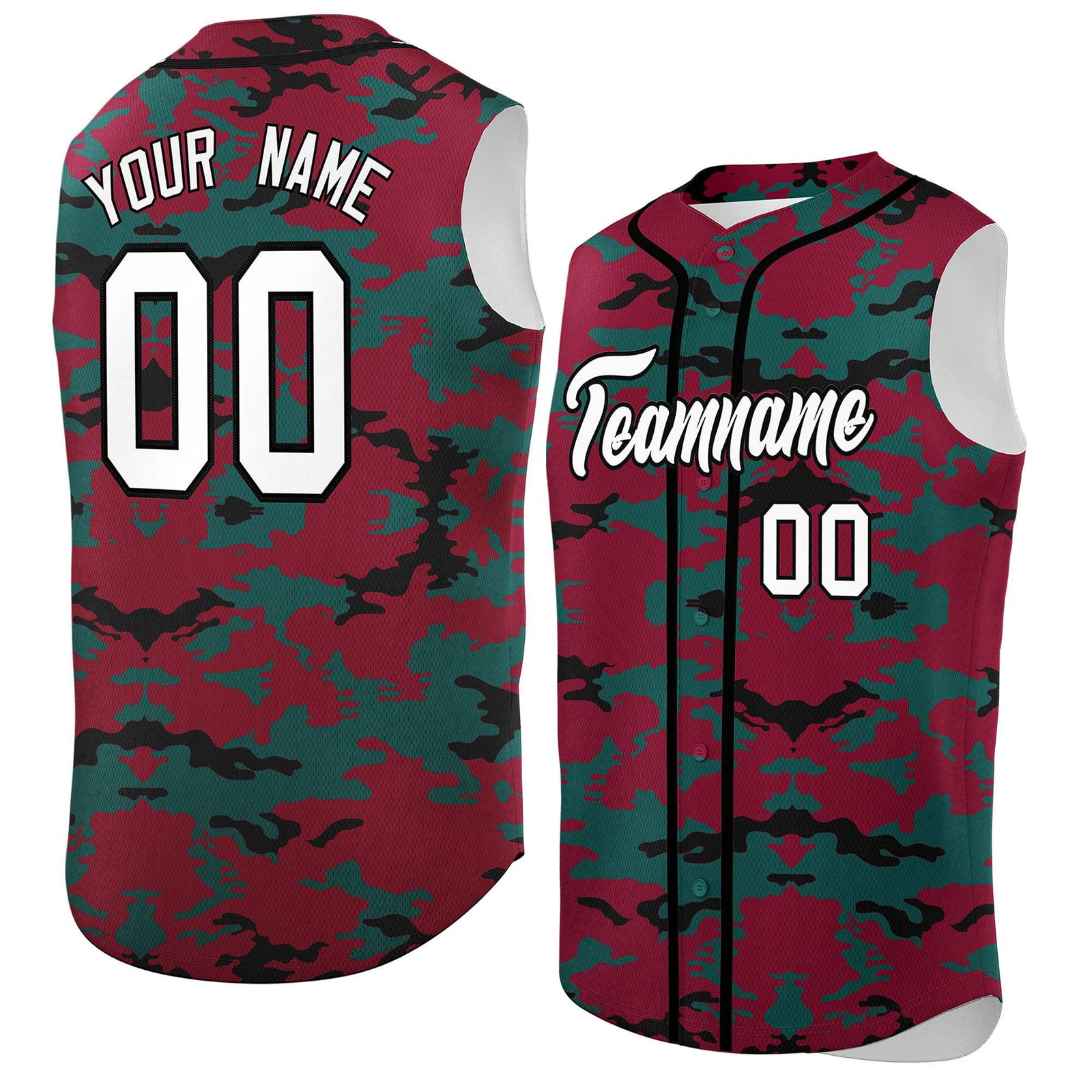 Custom Crimson Midnight Green and Black Camo Fashion Authentic Sleeveless Baseball Jersey