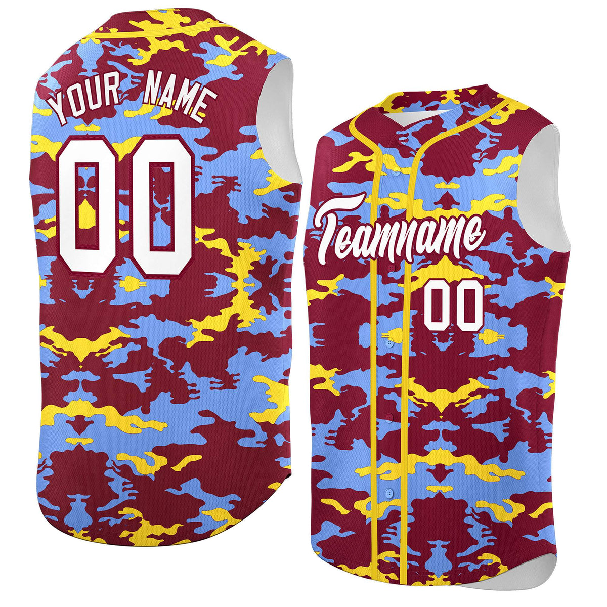 Custom Crimson Light Blue and Gold Camo Fashion Authentic Sleeveless Baseball Jersey