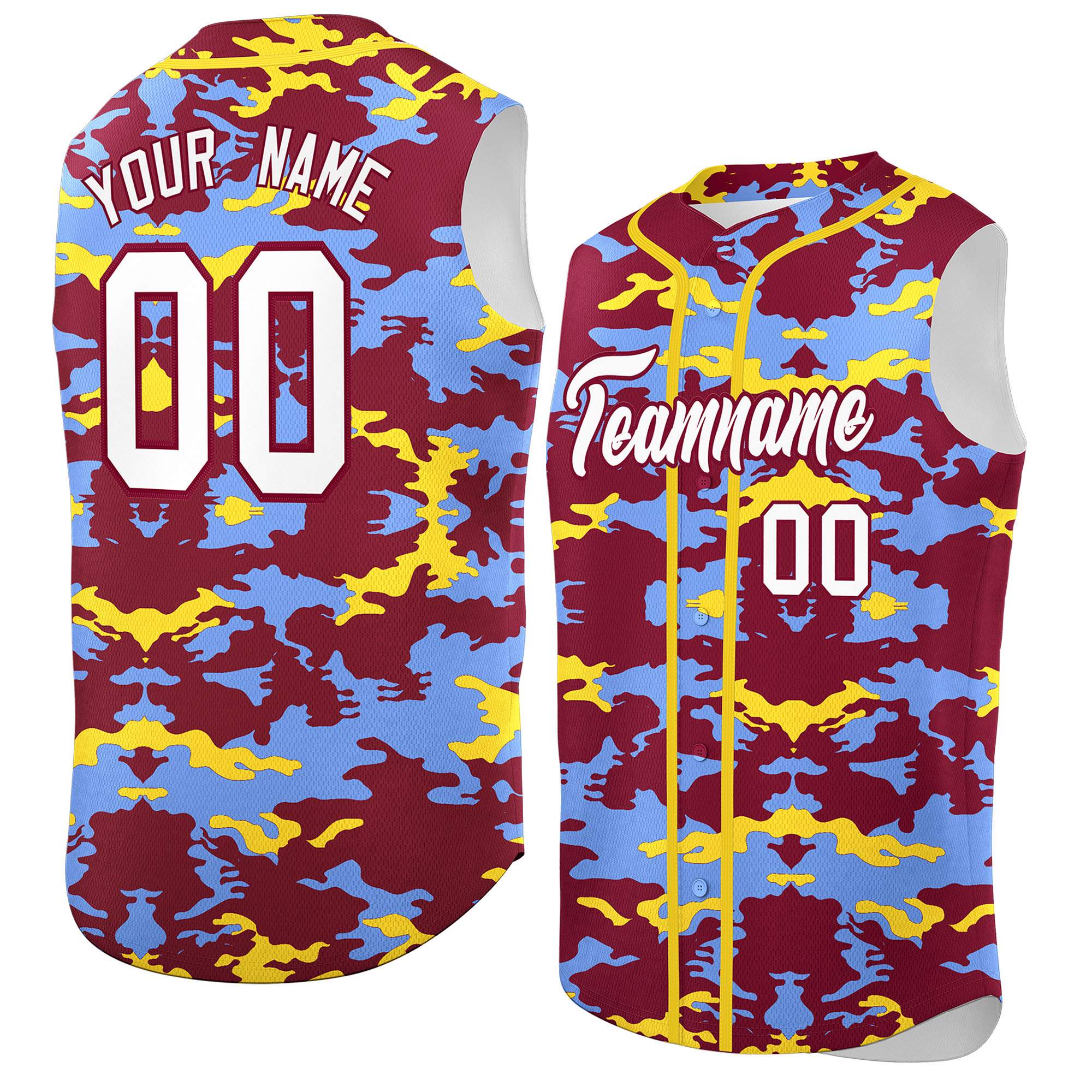 Custom Crimson Light Blue and Gold Camo Fashion Authentic Sleeveless Baseball Jersey
