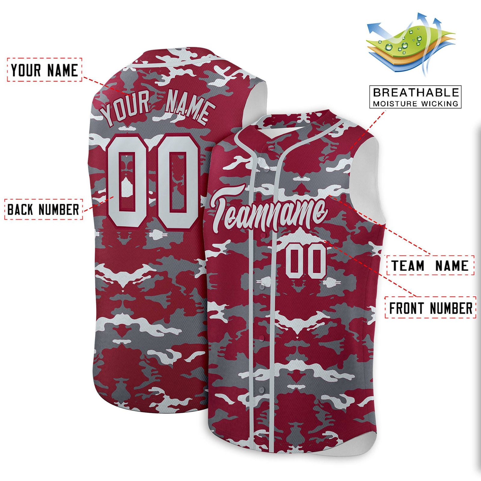 Custom Crimson Gray and Silver Camo Fashion Authentic Sleeveless Baseball Jersey