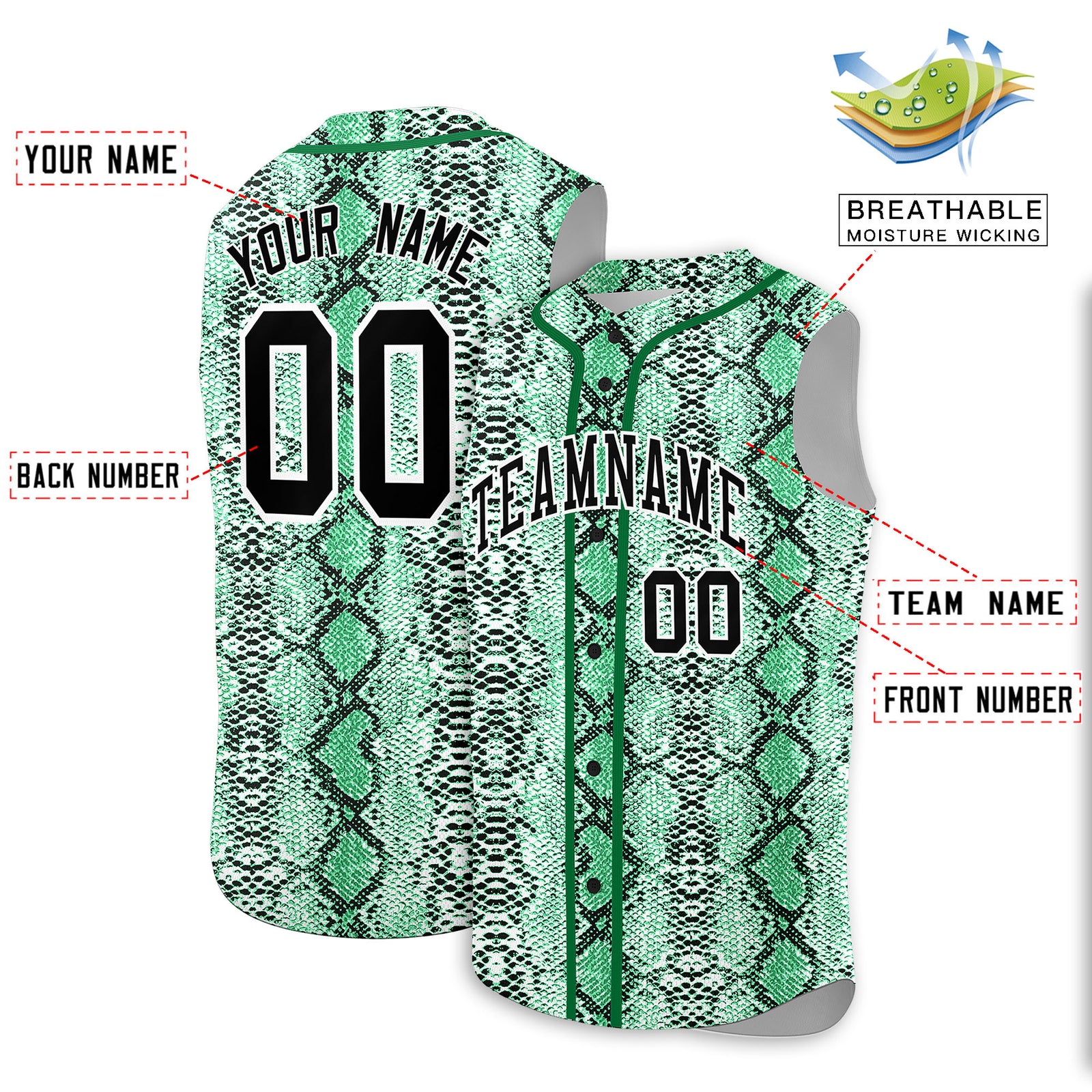 Custom Kelly Green Snakeskin Pattern Authentic Sleeveless Baseball Jersey