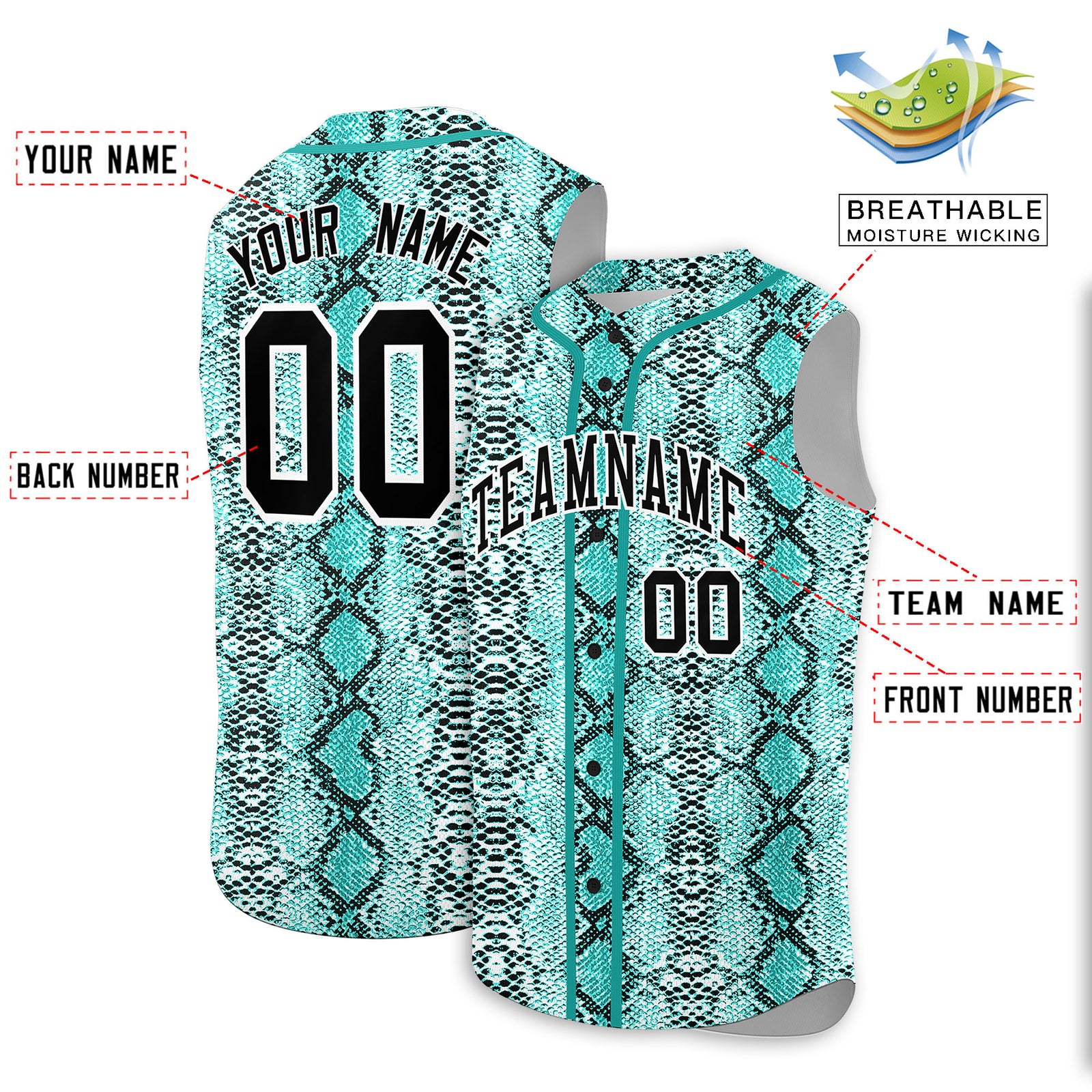 Custom Aqua Snakeskin Pattern Authentic Sleeveless Baseball Jersey