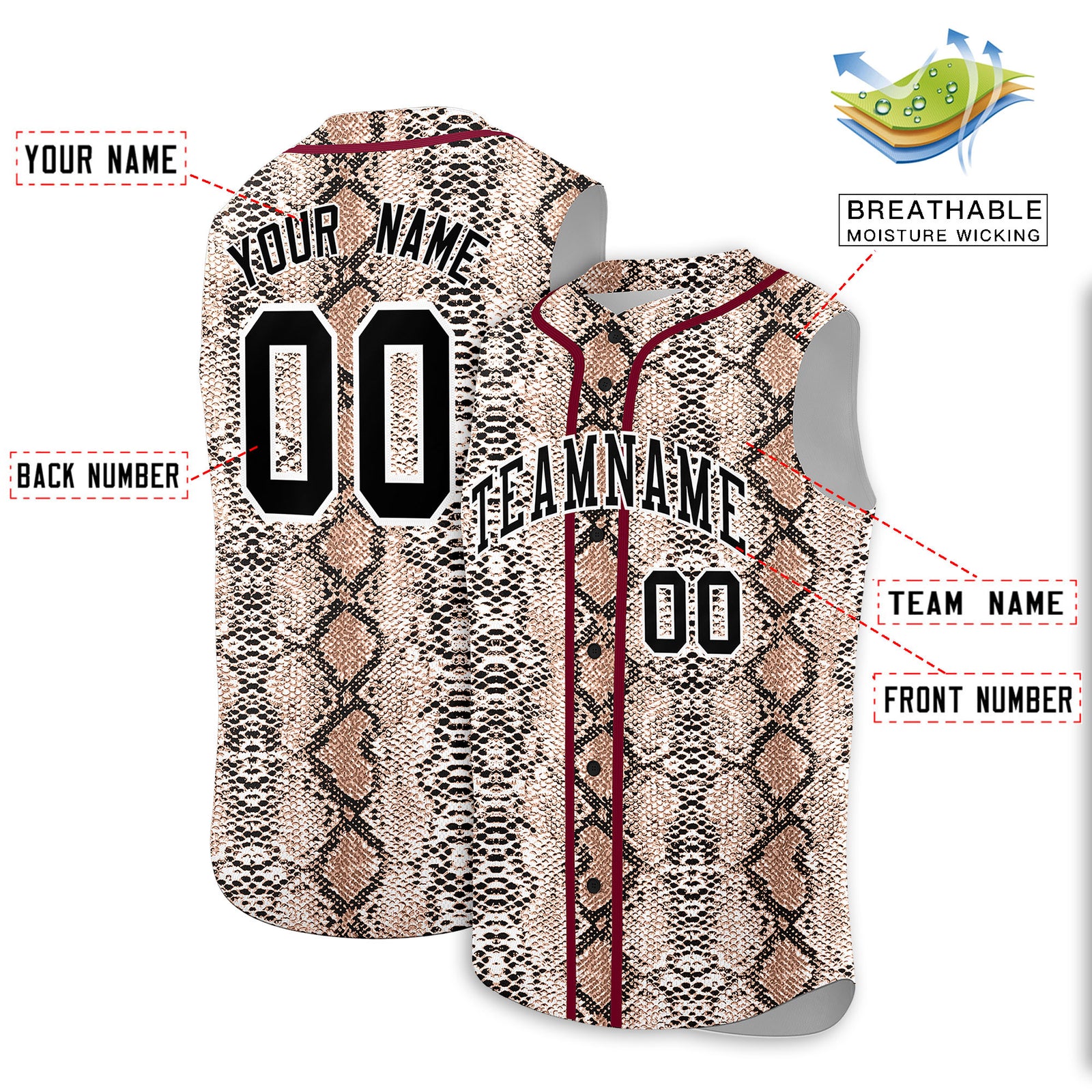 Custom Crimson Snakeskin Pattern Authentic Sleeveless Baseball Jersey