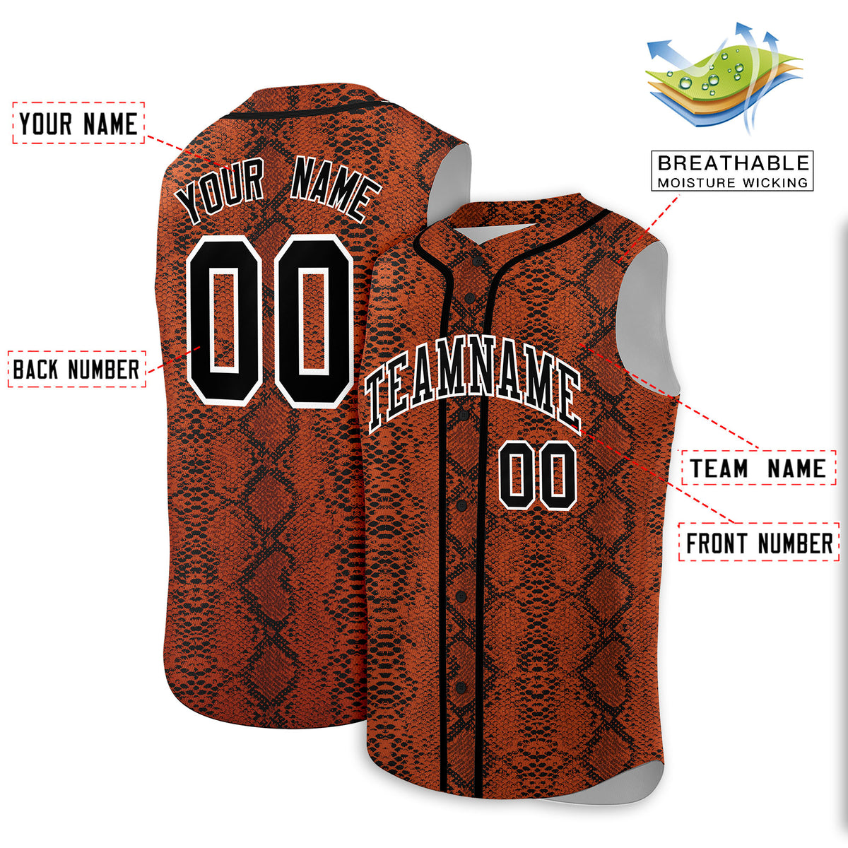 Custom Black Snakeskin Pattern Authentic Sleeveless Baseball Jersey