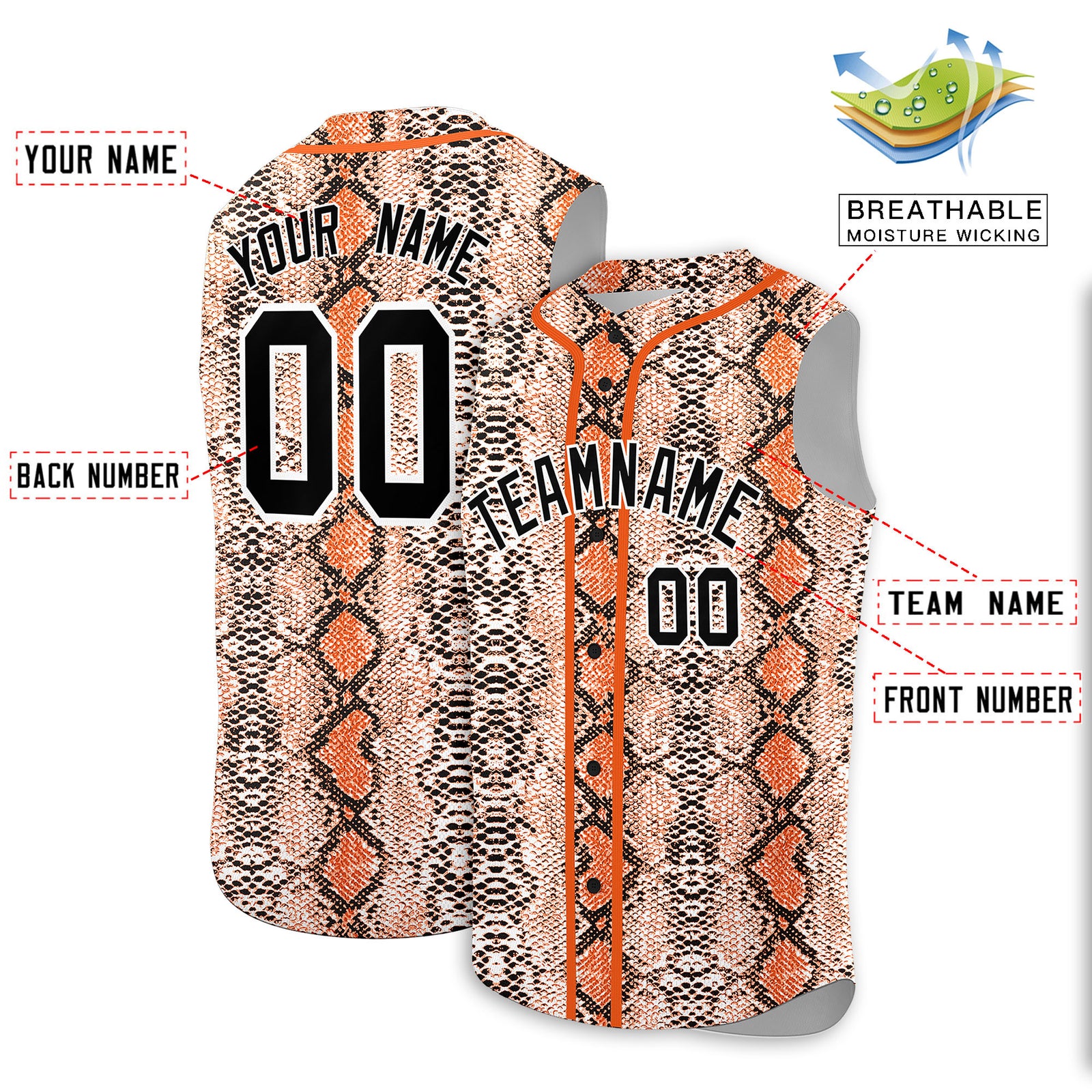 Custom Orange Snakeskin Pattern Authentic Sleeveless Baseball Jersey