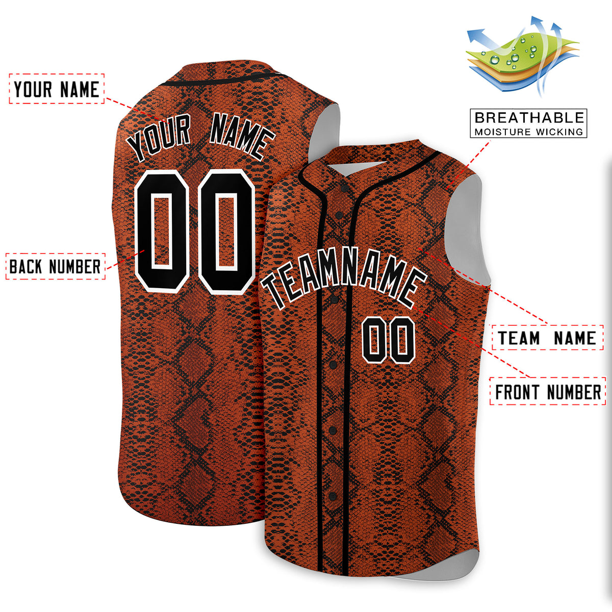 Custom Black Snakeskin Pattern Authentic Sleeveless Baseball Jersey