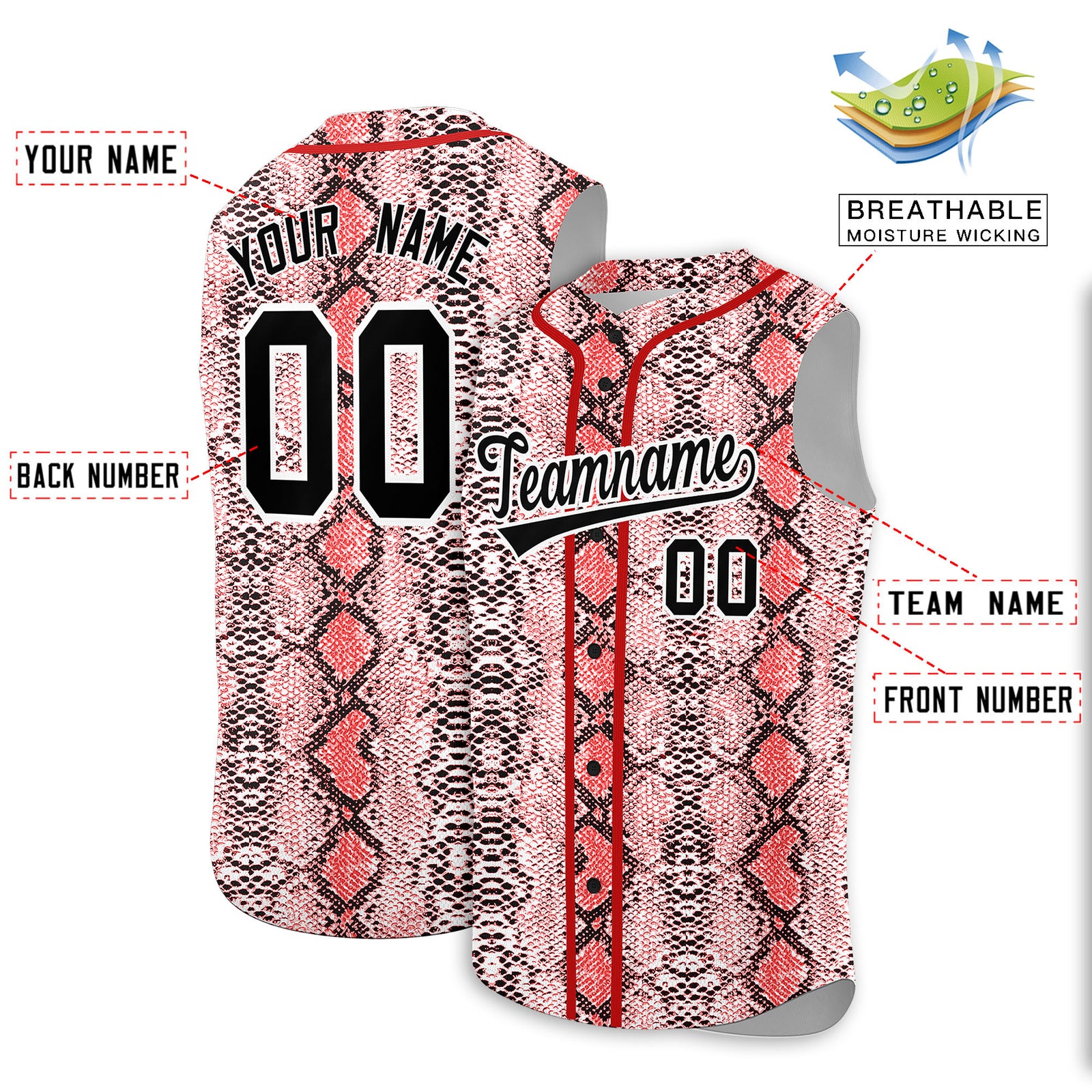 Custom Red Snakeskin Pattern Authentic Sleeveless Baseball Jersey