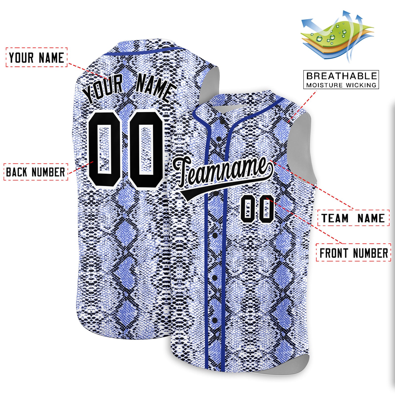 Custom Royal Snakeskin Pattern Authentic Sleeveless Baseball Jersey