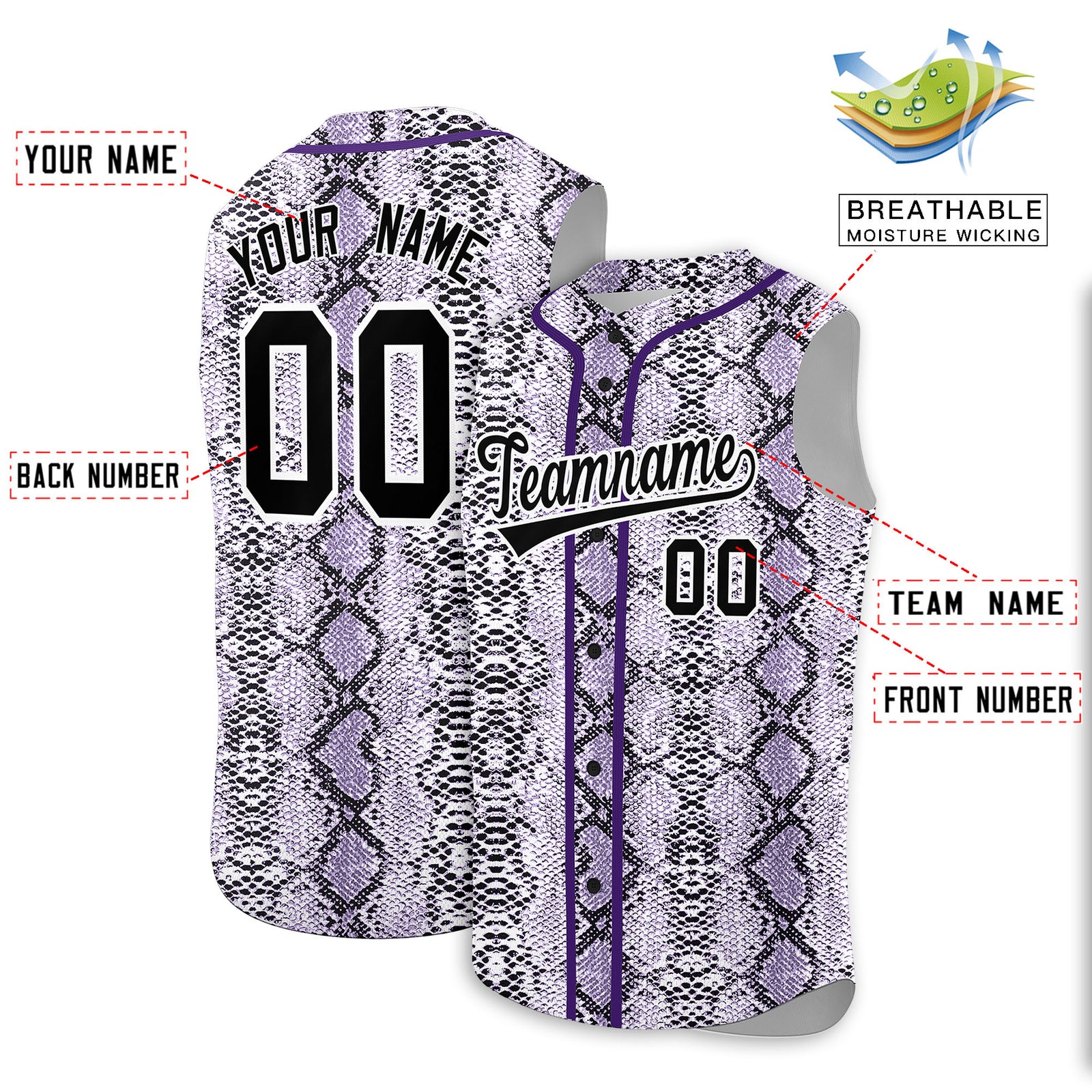 Custom Purple Snakeskin Pattern Authentic Sleeveless Baseball Jersey