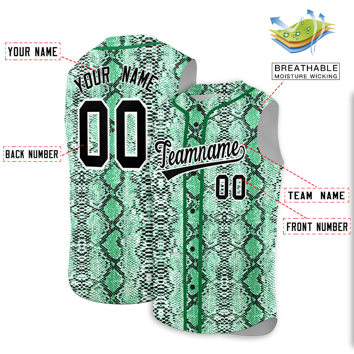 Custom Kelly Green Snakeskin Pattern Authentic Sleeveless Baseball Jersey
