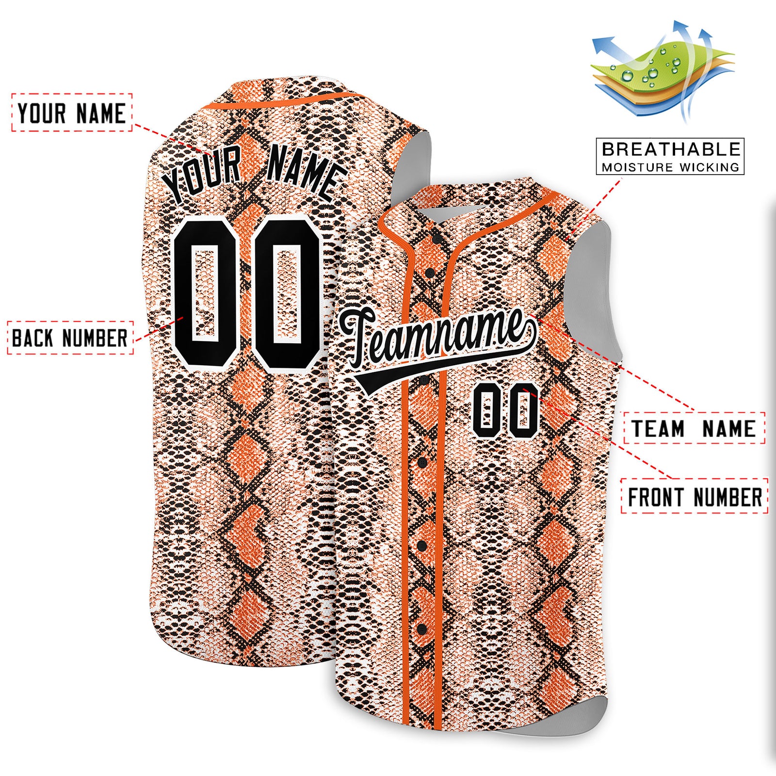 Custom Orange Snakeskin Pattern Authentic Sleeveless Baseball Jersey