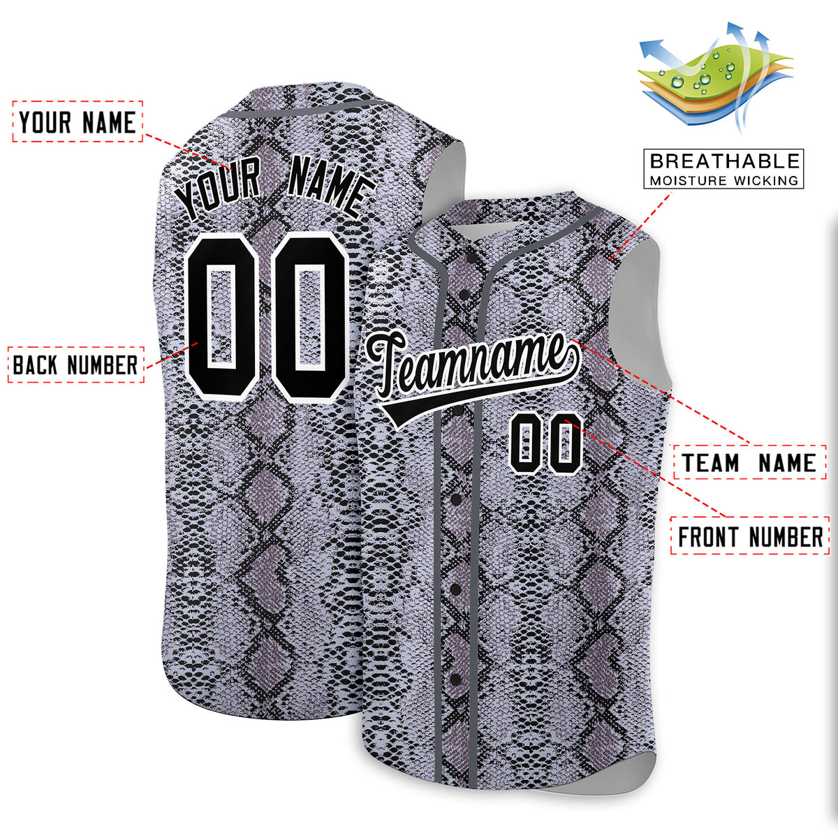 Custom Gray Snakeskin Pattern Authentic Sleeveless Baseball Jersey