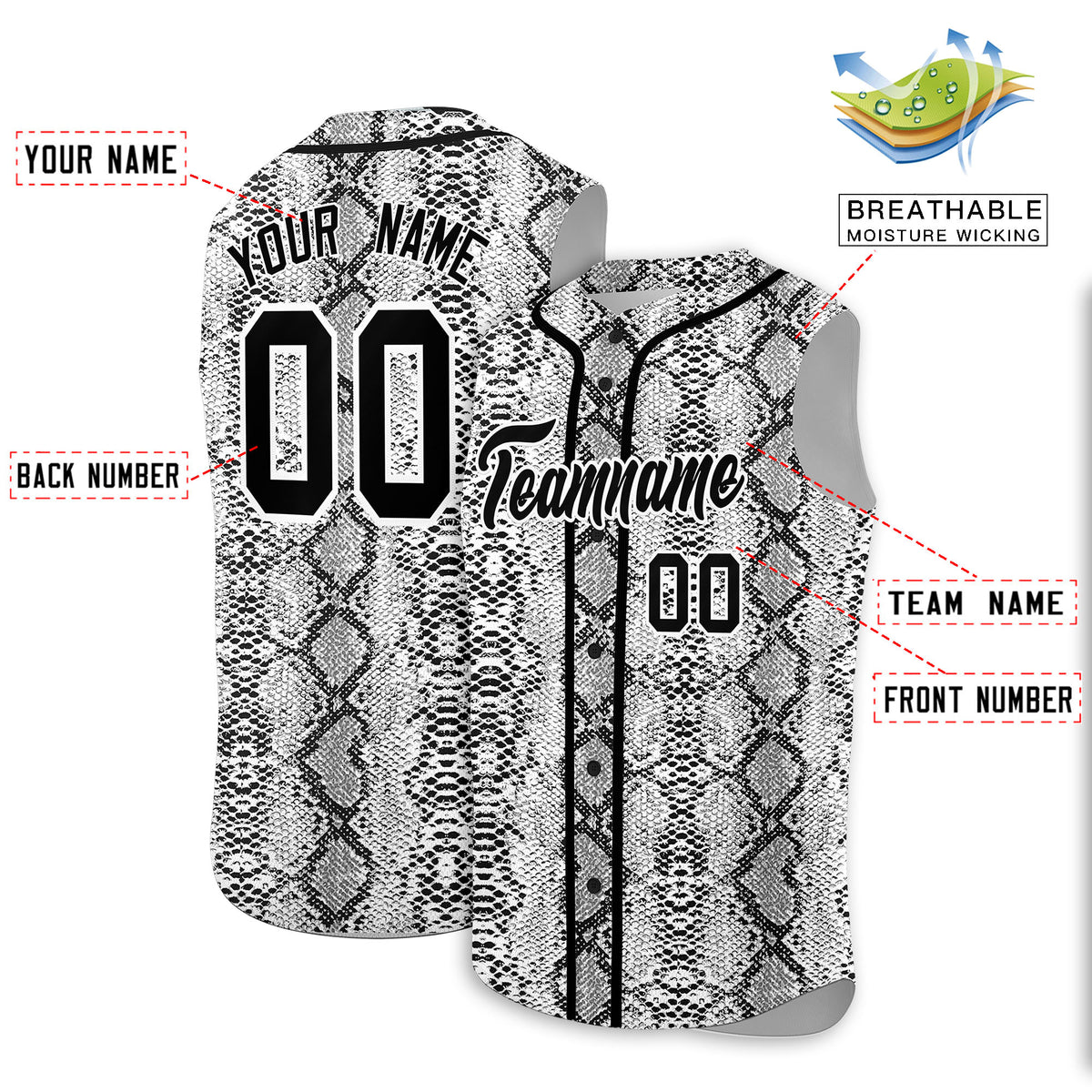 Custom Black Snakeskin Pattern Authentic Sleeveless Baseball Jersey