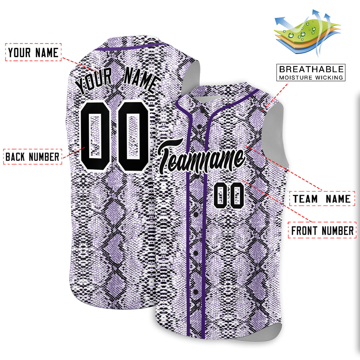 Custom Purple Snakeskin Pattern Authentic Sleeveless Baseball Jersey