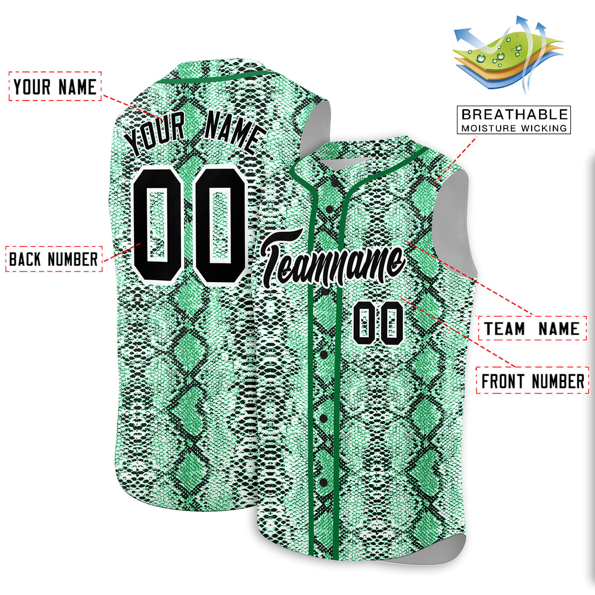 Custom Kelly Green Snakeskin Pattern Authentic Sleeveless Baseball Jersey