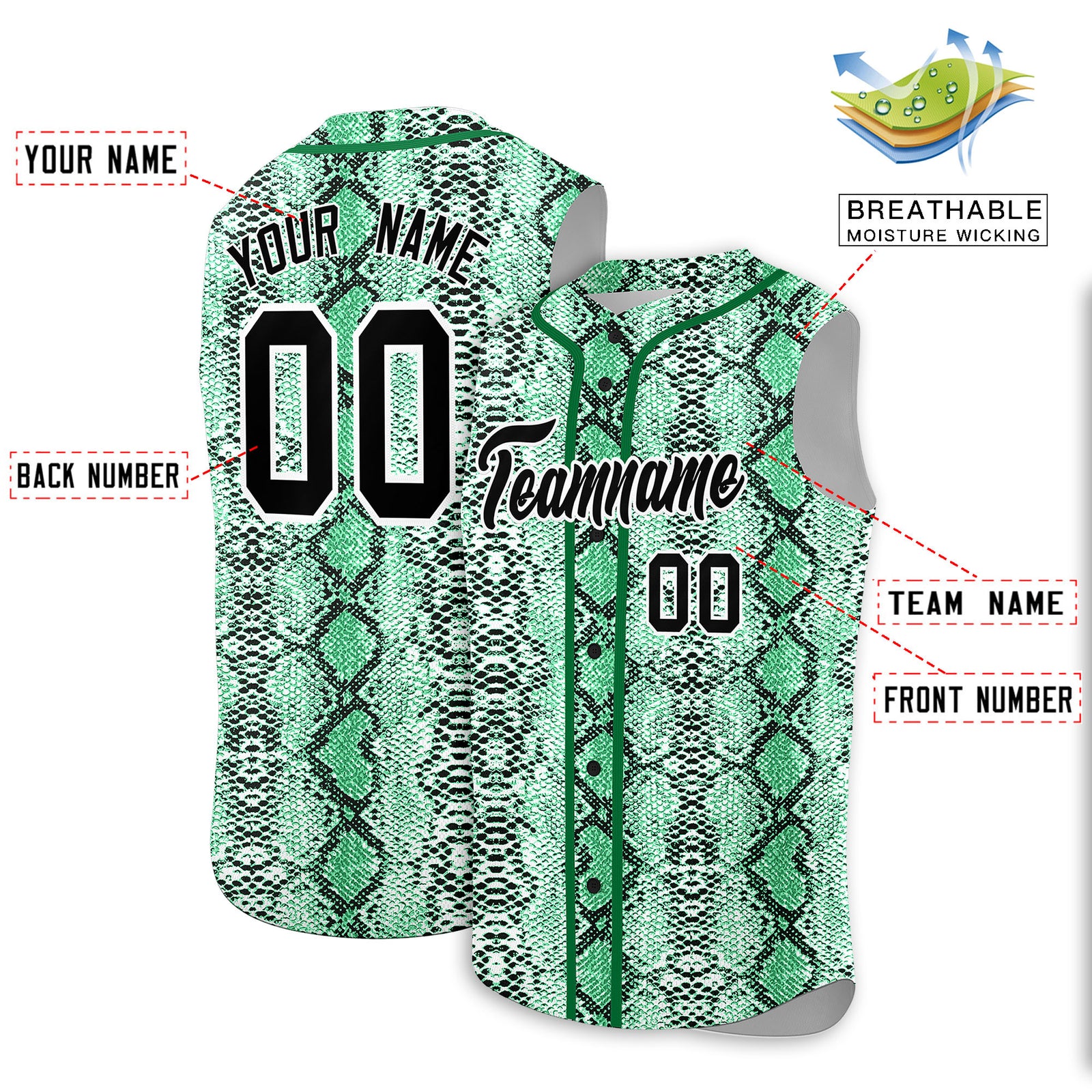 Custom Kelly Green Snakeskin Pattern Authentic Sleeveless Baseball Jersey