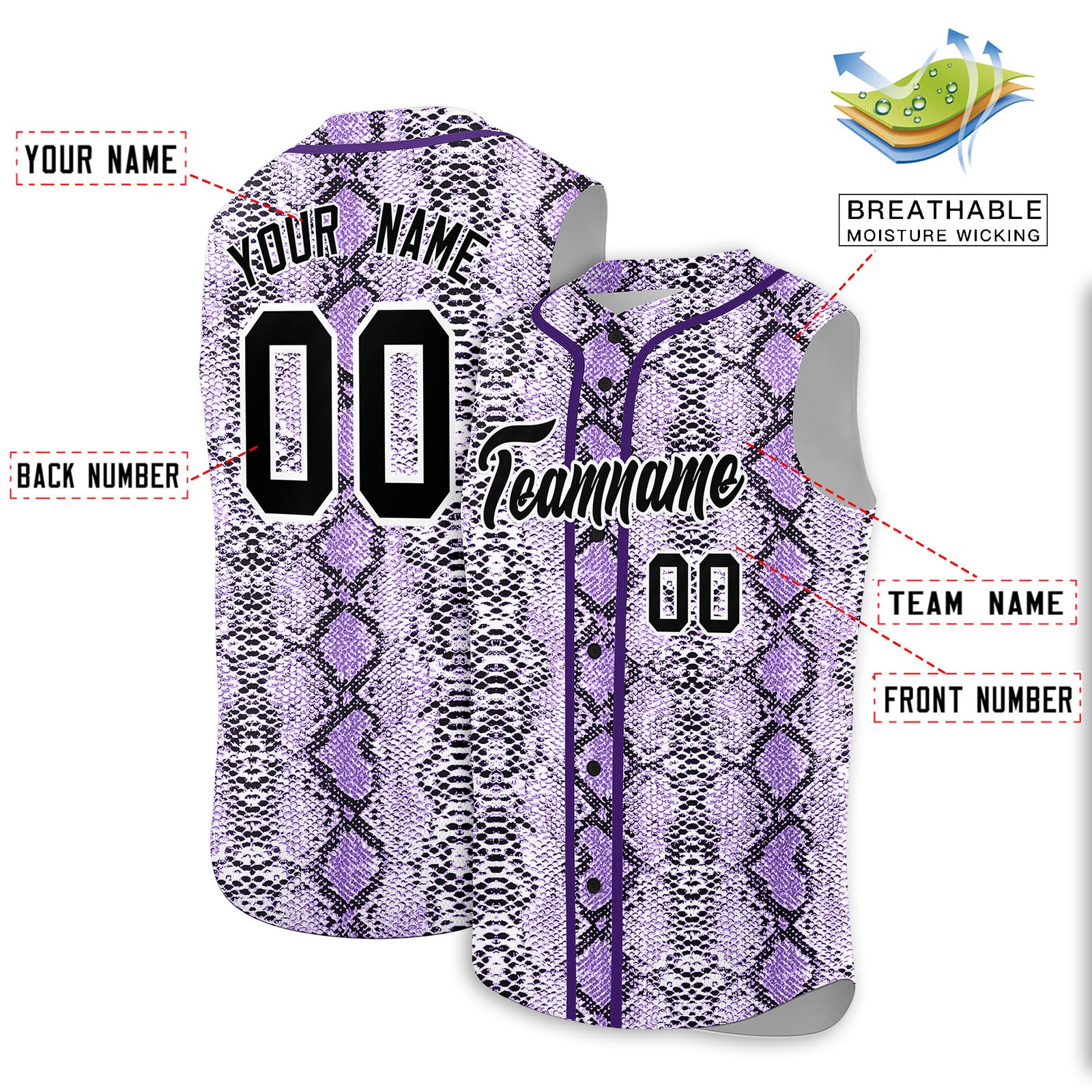 Custom Purple Snakeskin Pattern Authentic Sleeveless Baseball Jersey