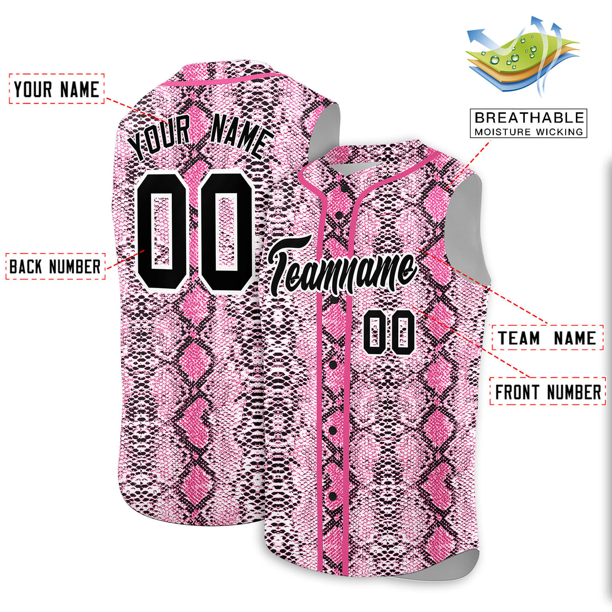 Custom Pink Snakeskin Pattern Authentic Sleeveless Baseball Jersey