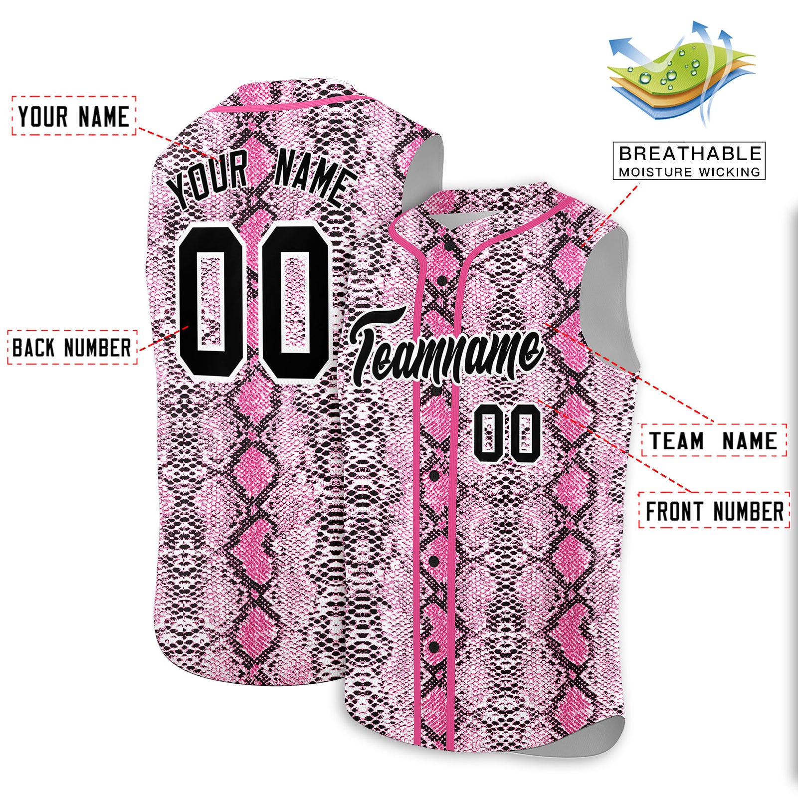 Custom Pink Snakeskin Pattern Authentic Sleeveless Baseball Jersey